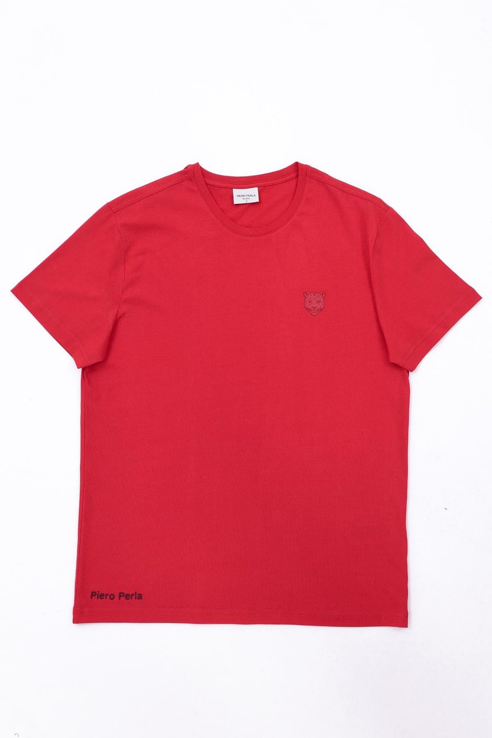 Jaguar Print and Skirt Embroidery Crew Neck Slim Fit Mens Red T-Shirt