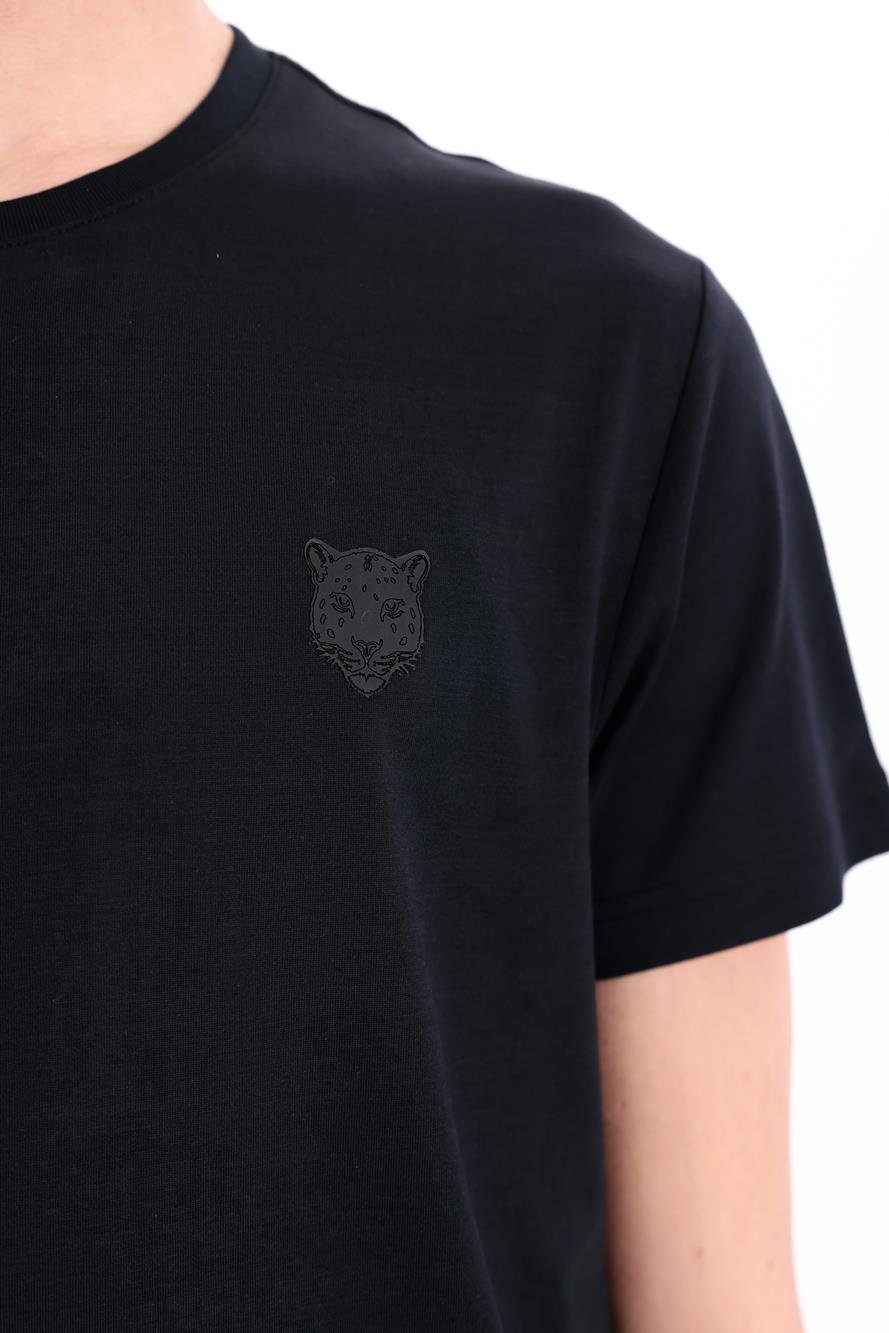 Jaguar Print and Skirt Embroidery Crew Neck Slim Fit Mens Black T-Shirt