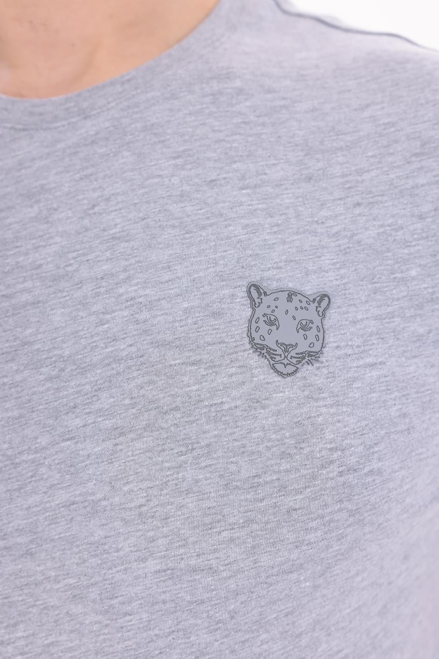 Jaguar Print and Skirt Embroidery Crew Neck Slim Fit Mens Grey Melange T-Shirt
