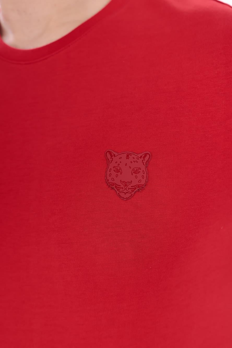 Jaguar Print and Skirt Embroidery Crew Neck Slim Fit Mens Red T-Shirt
