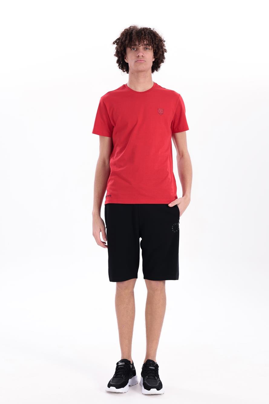 Jaguar Print and Skirt Embroidery Crew Neck Slim Fit Mens Red T-Shirt