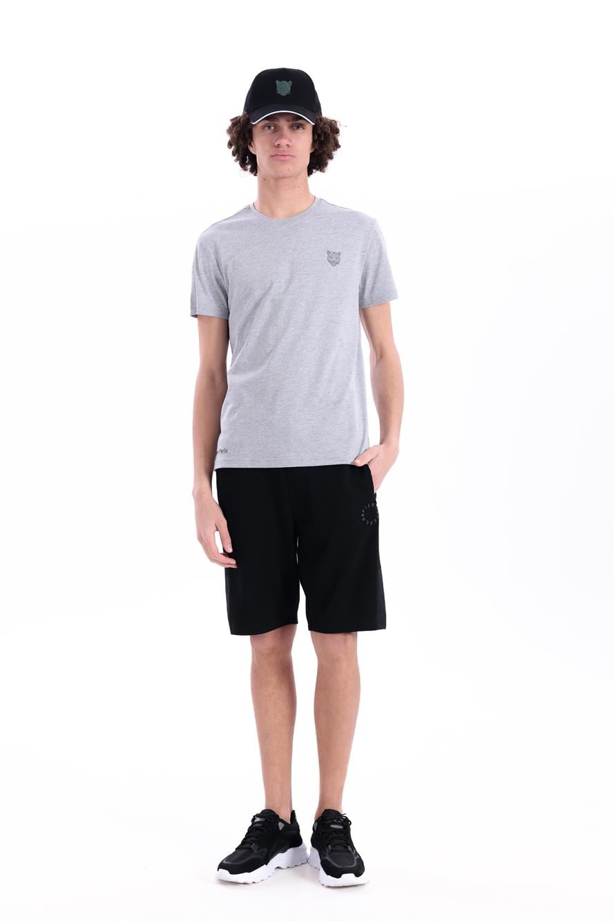 Jaguar Print and Skirt Embroidery Crew Neck Slim Fit Mens Grey Melange T-Shirt