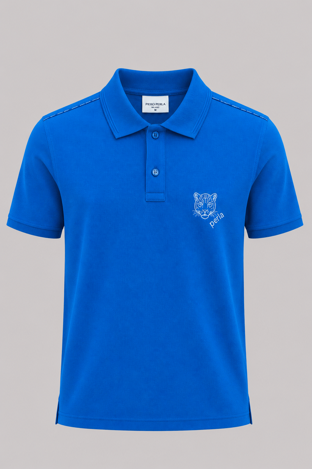 Kontür Jaguar Nakış Detaylı Slim Fit Erkek Polo Yaka Açık Mavi T-Shirt