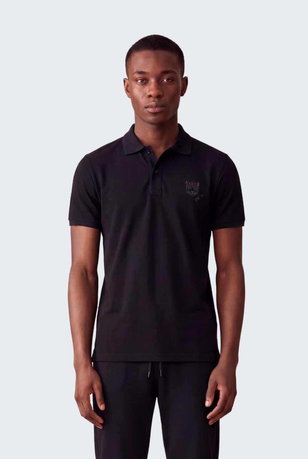 Kontür Jaguar Nakış Detaylı Slim Fit Erkek Polo Yaka Siyah T-Shirt