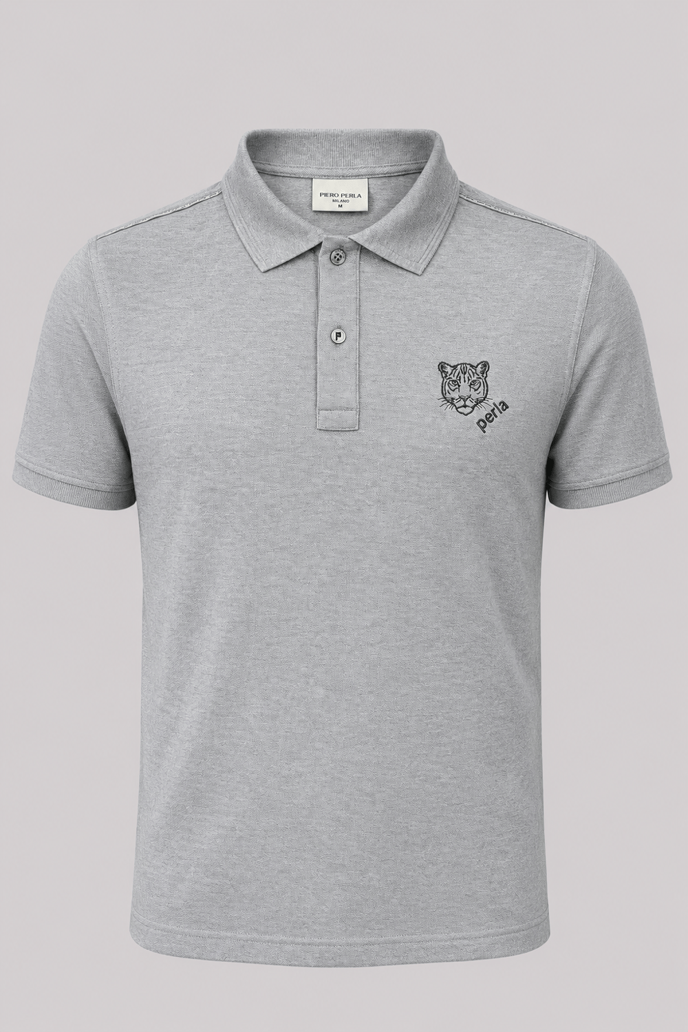 Kontür Jaguar Nakış Detaylı Slim Fit Erkek Polo Yaka Gri Melanj T-Shirt