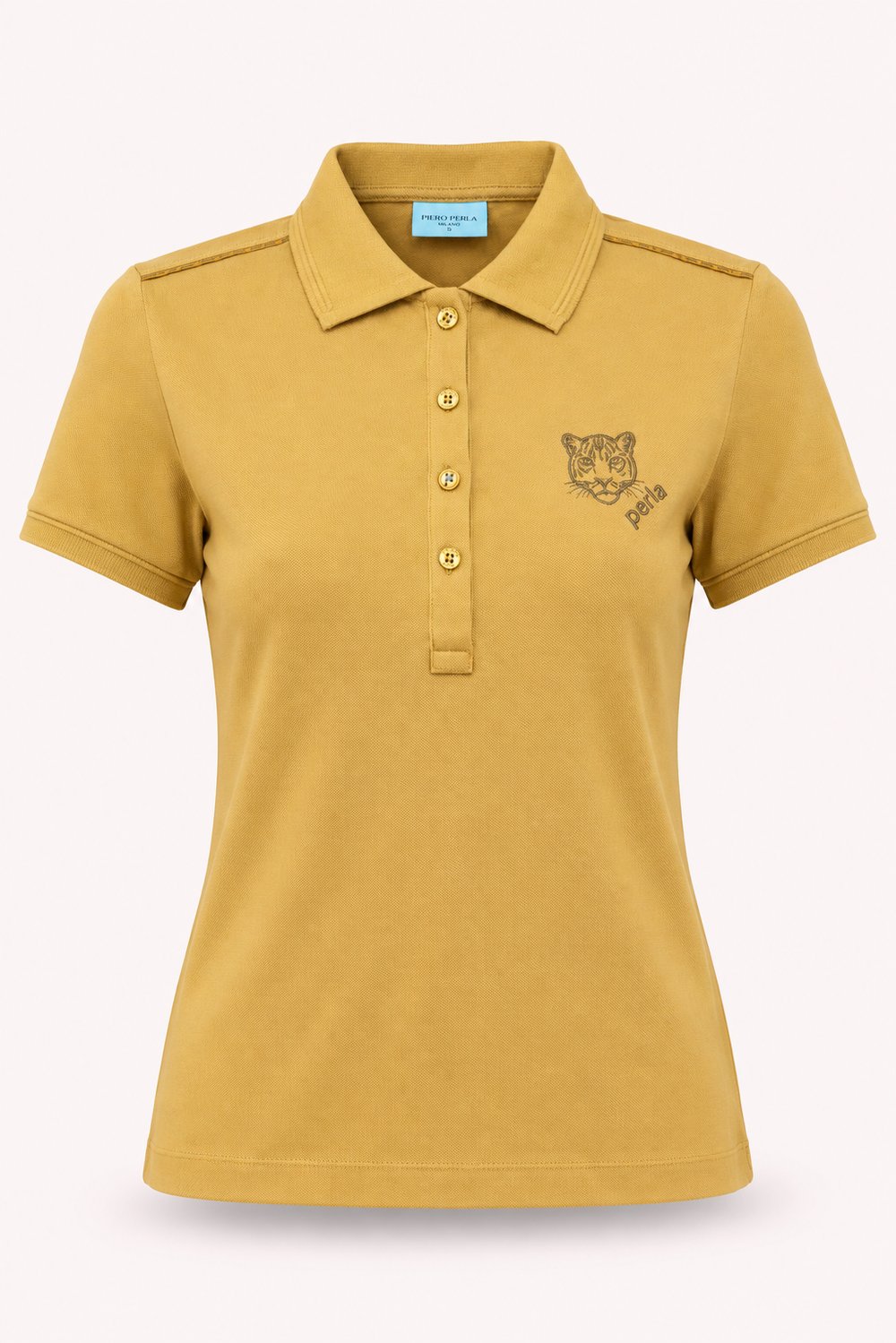 Kontür Jaguar Nakış Detaylı Slim Fit Kadın Hardal Polo Yaka T-Shirt