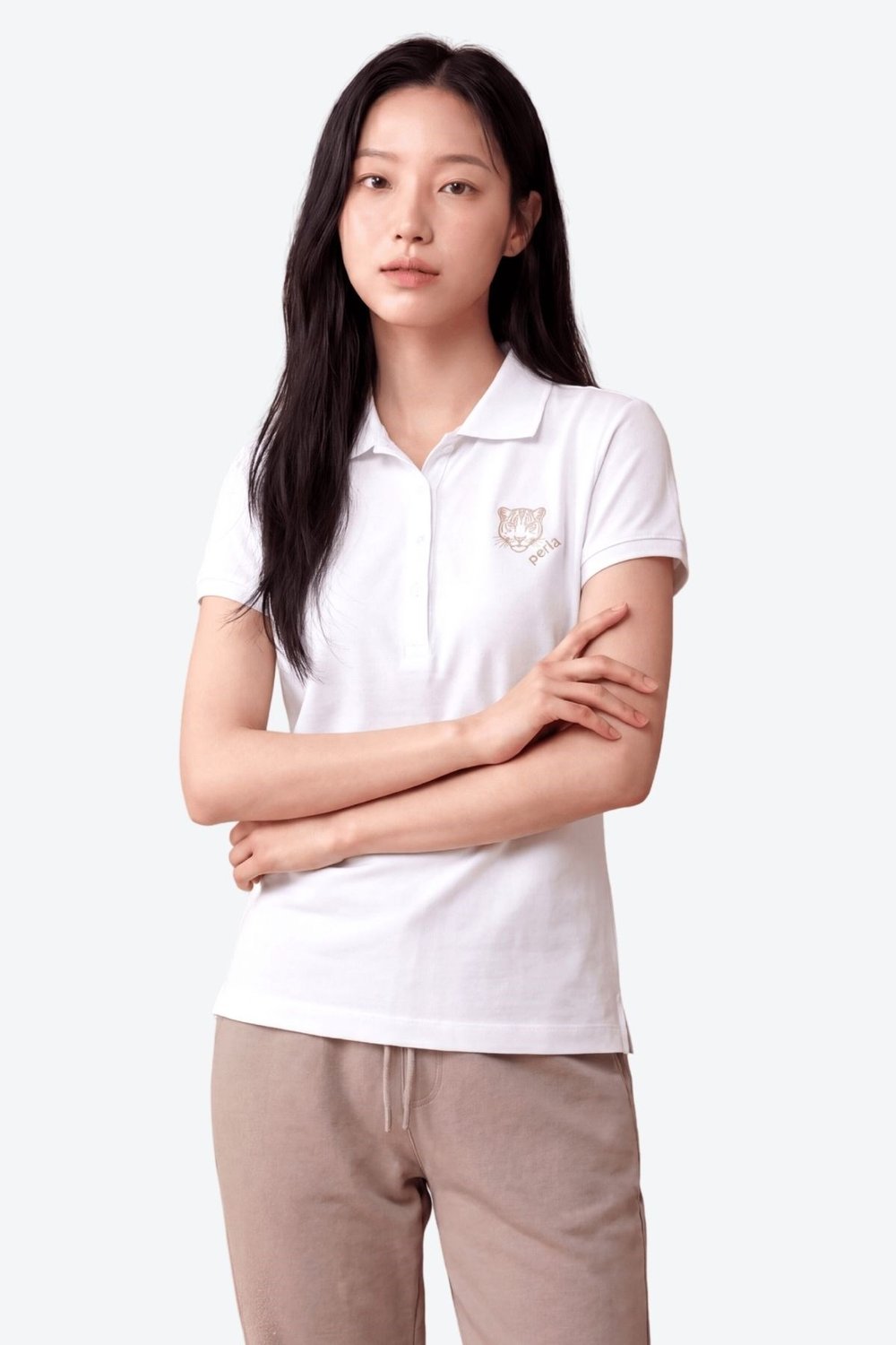 Kontür Jaguar Nakış Detaylı Slim Fit Kadın Beyaz Polo Yaka T-Shirt