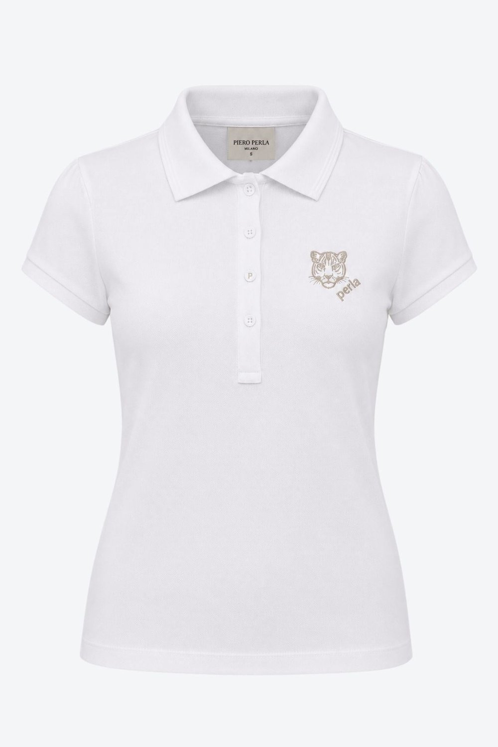 Kontür Jaguar Nakış Detaylı Slim Fit Kadın Beyaz Polo Yaka T-Shirt