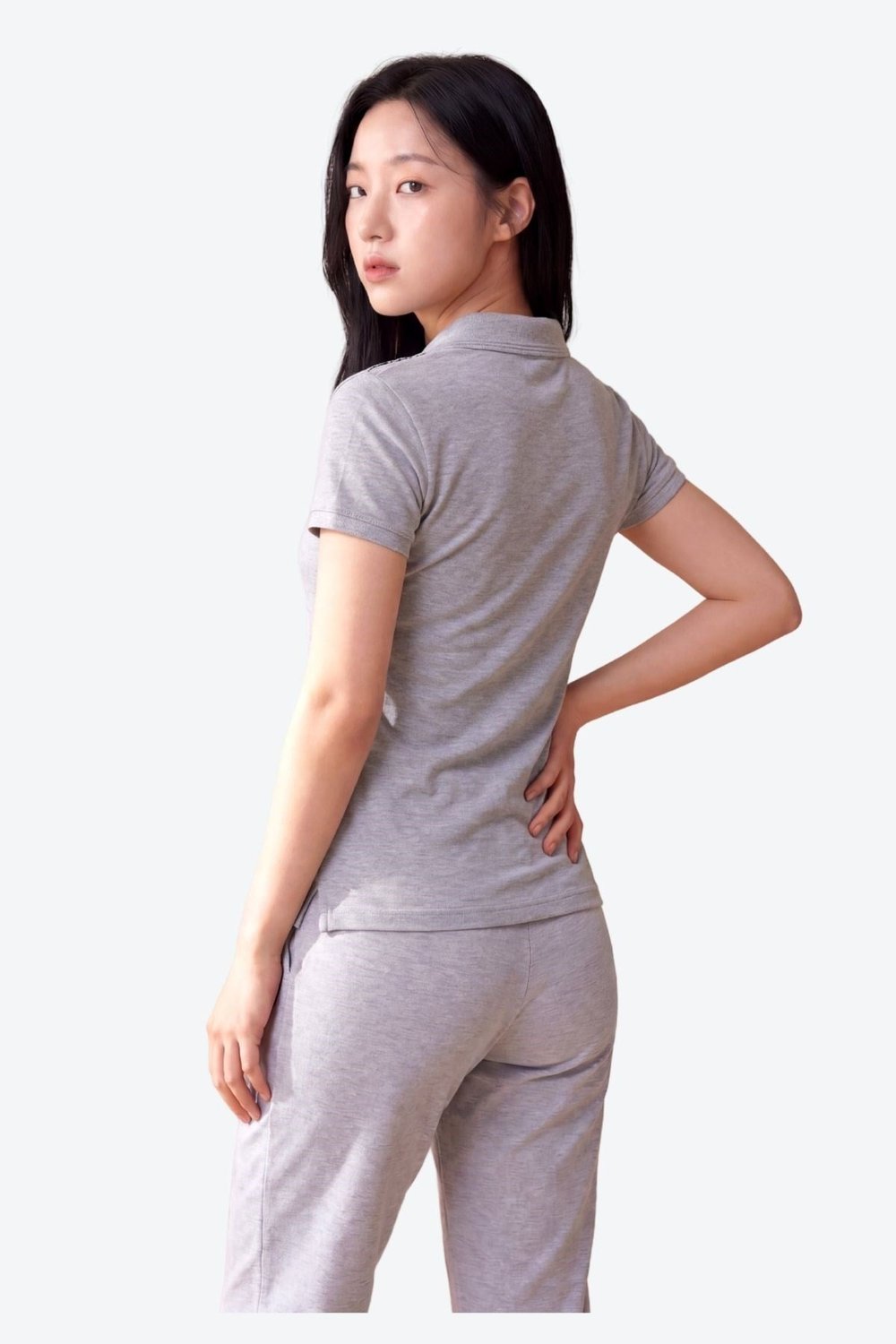 Kontür Jaguar Nakış Detaylı Slim Fit Kadın Gri Melanj Polo Yaka T-Shirt