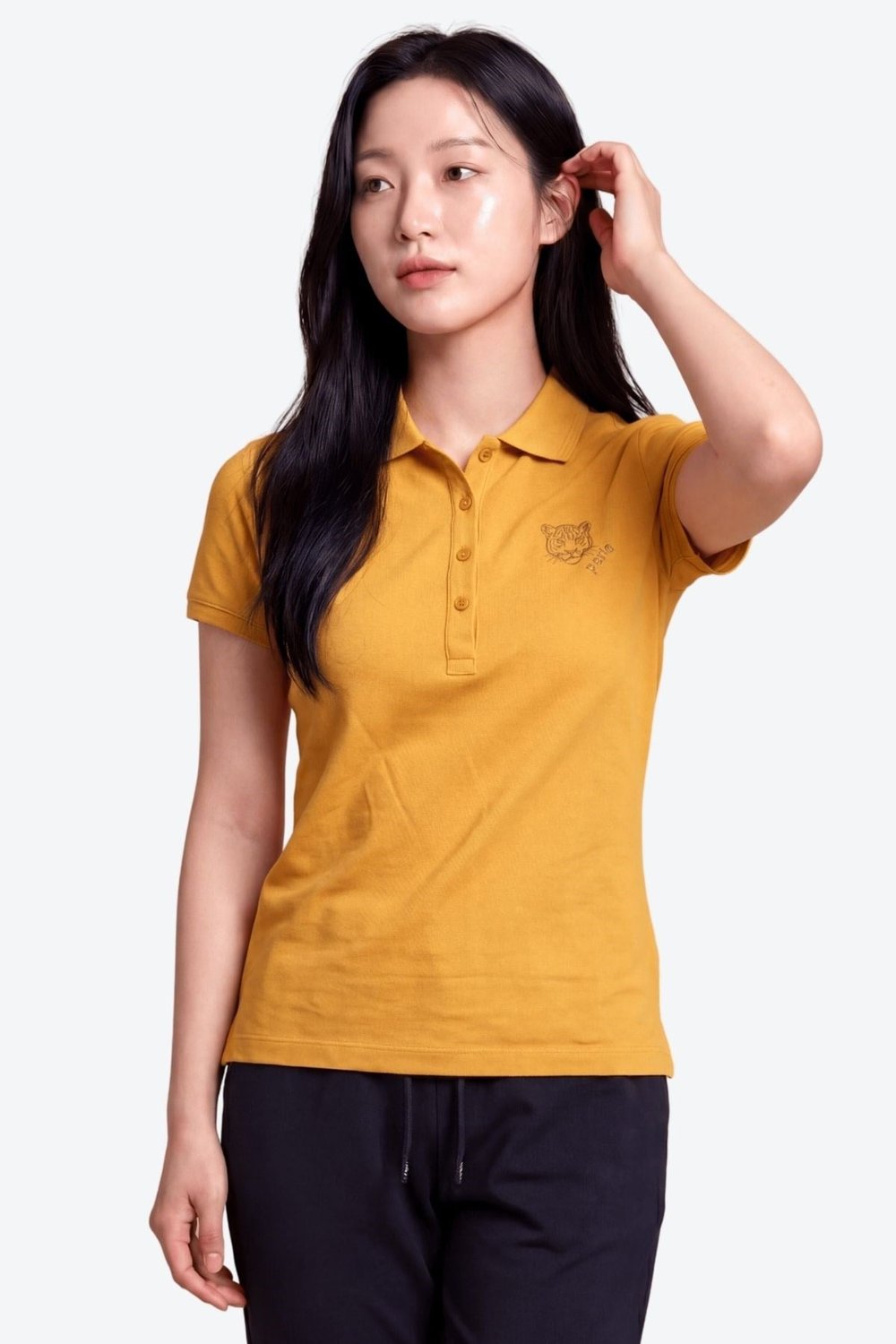 Kontür Jaguar Nakış Detaylı Slim Fit Kadın Hardal Polo Yaka T-Shirt