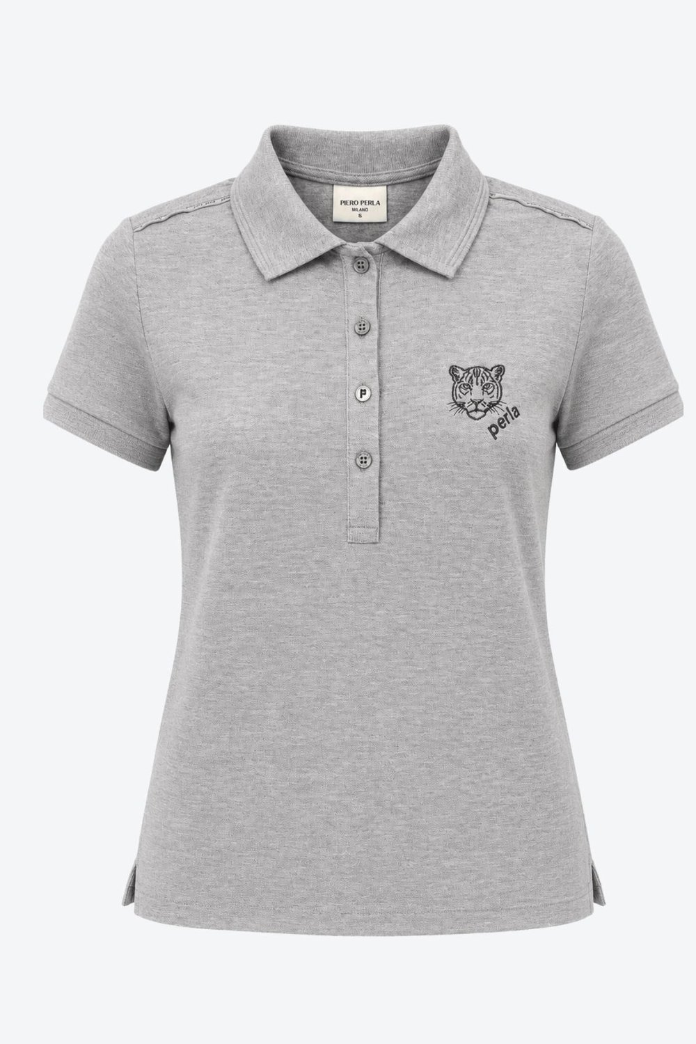 Kontür Jaguar Nakış Detaylı Slim Fit Kadın Gri Melanj Polo Yaka T-Shirt