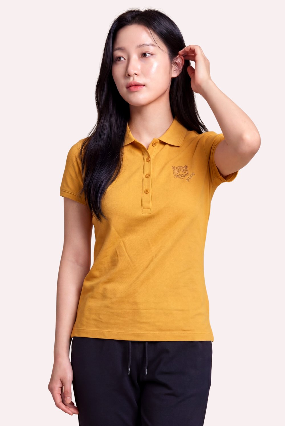 Kontür Jaguar Nakış Detaylı Slim Fit Kadın Hardal Polo Yaka T-Shirt