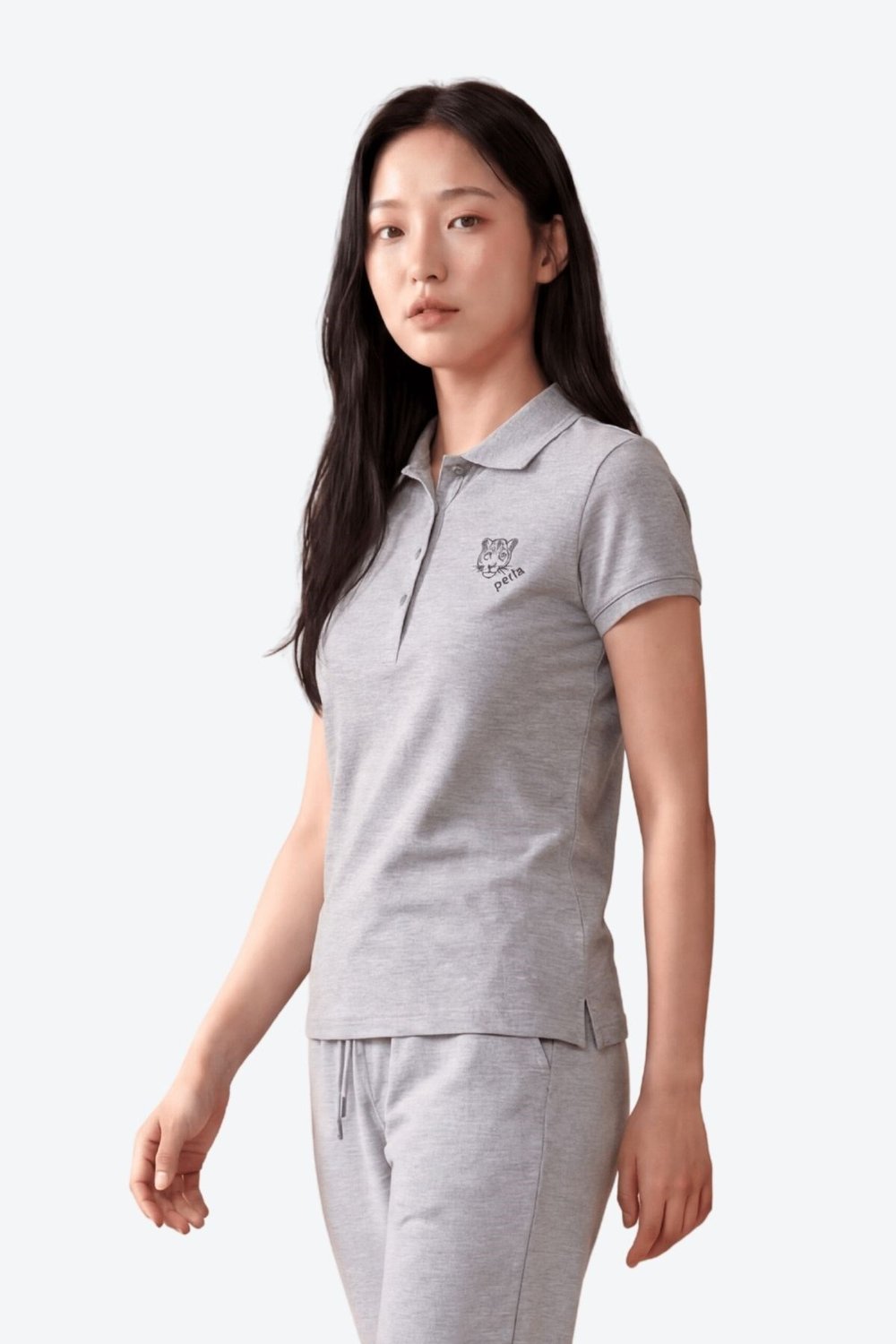 Kontür Jaguar Nakış Detaylı Slim Fit Kadın Gri Melanj Polo Yaka T-Shirt