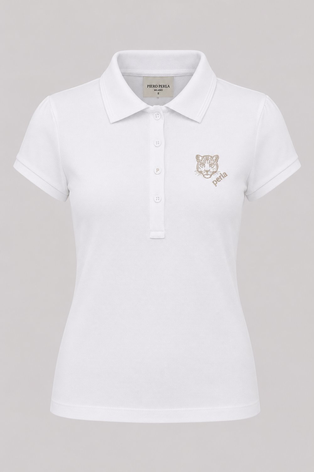 Kontür Jaguar Nakış Detaylı Slim Fit Kadın Beyaz Polo Yaka T-Shirt