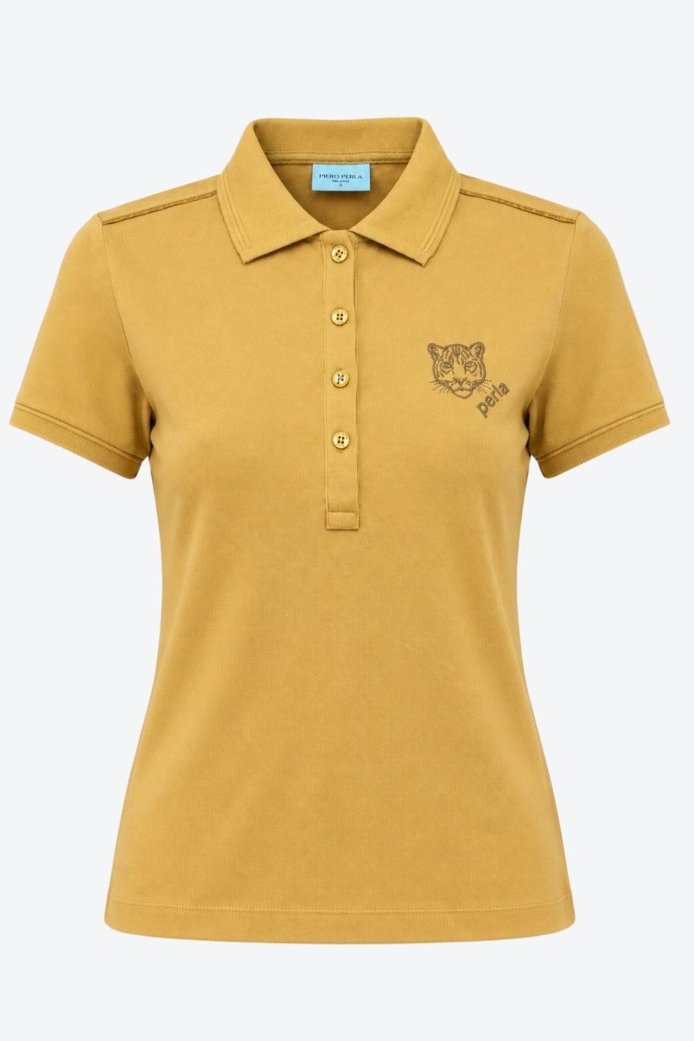 Kontür Jaguar Nakış Detaylı Slim Fit Kadın Hardal Polo Yaka T-Shirt