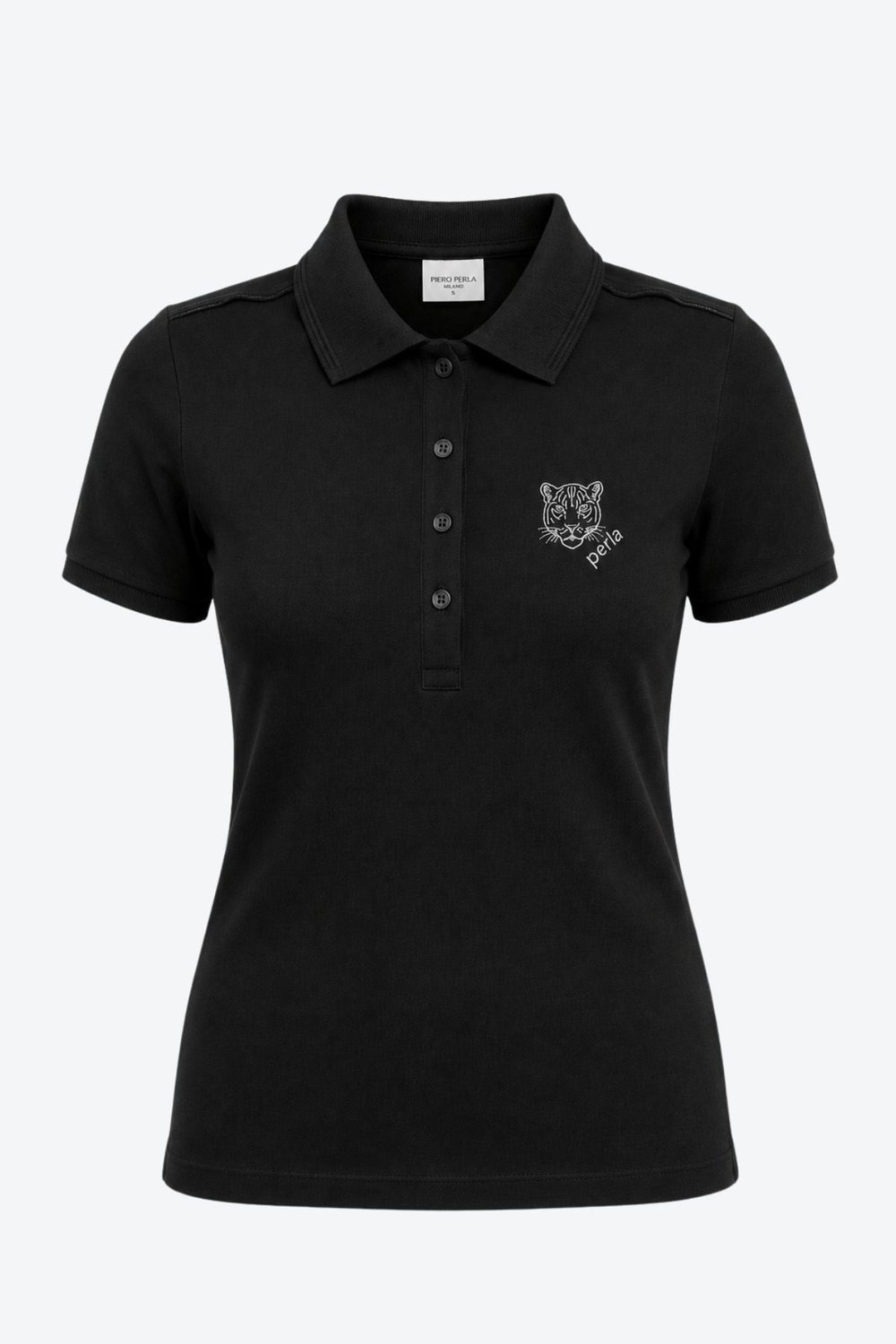 Kontür Jaguar Nakış Detaylı Slim Fit Kadın Siyah Polo Yaka T-Shirt