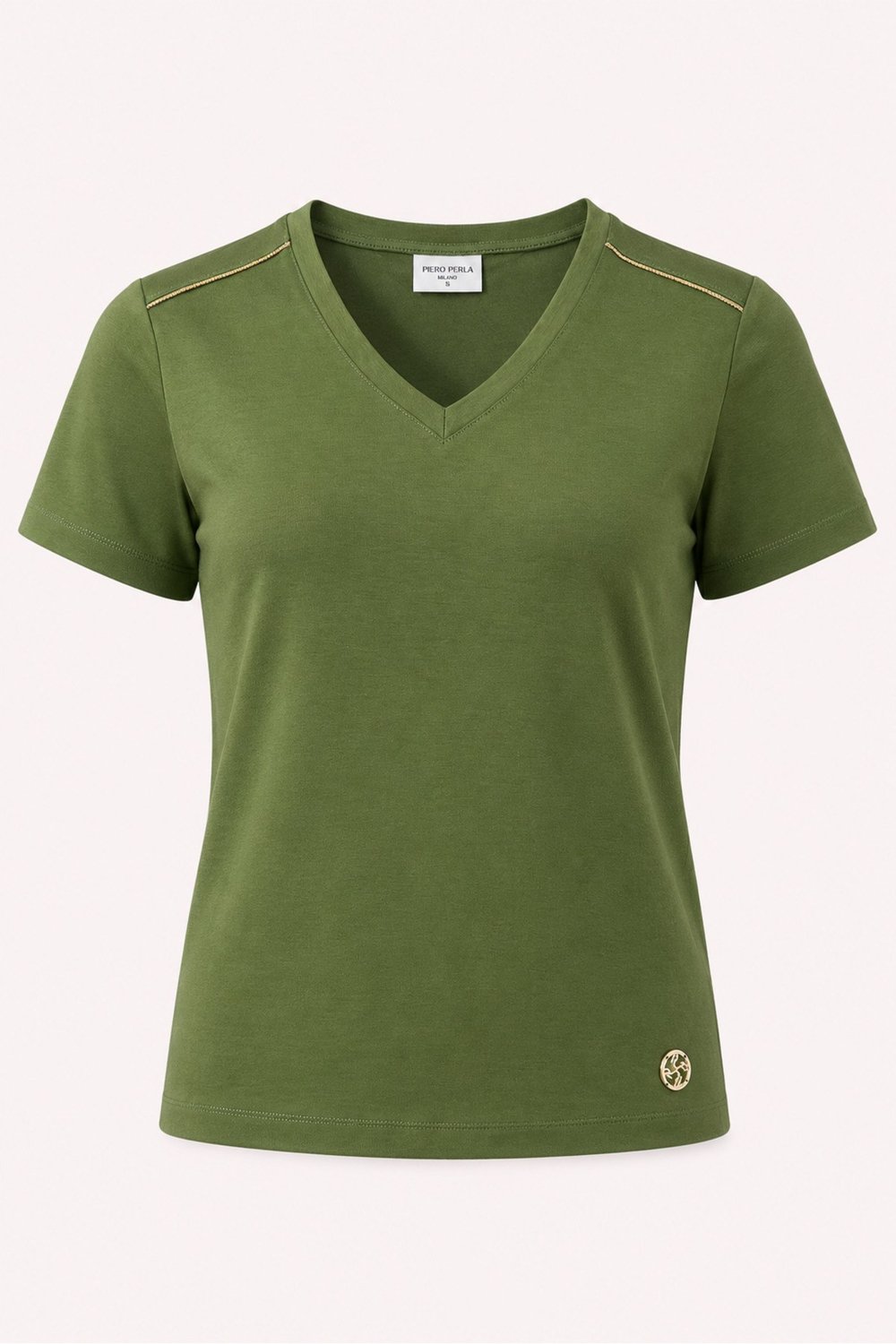 Kadın V Yaka Metal Logo Detaylı Regular Fit T-Shirt