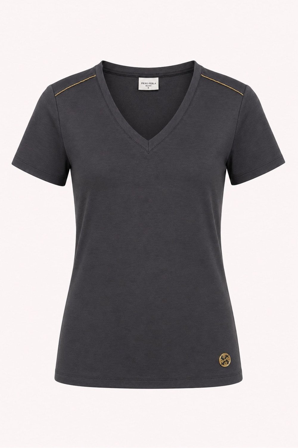 Kadın V Yaka Metal Logo Detaylı Regular Fit T-Shirt