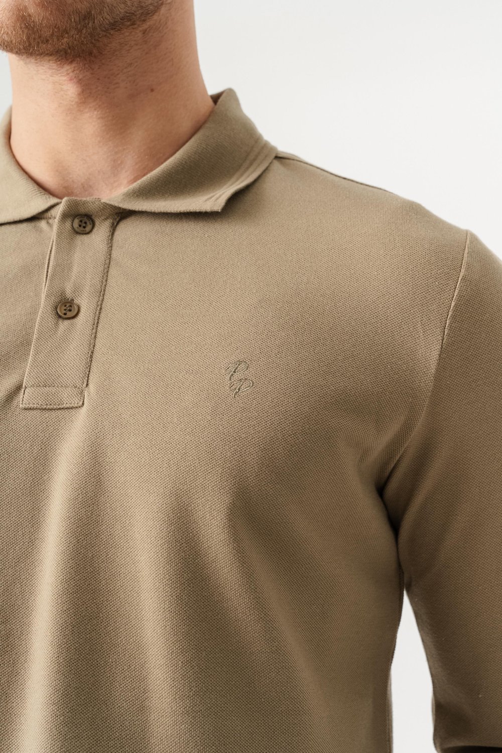 Polo Yaka Slim Fit Uzun Kollu Erkek Haki T-Shirt