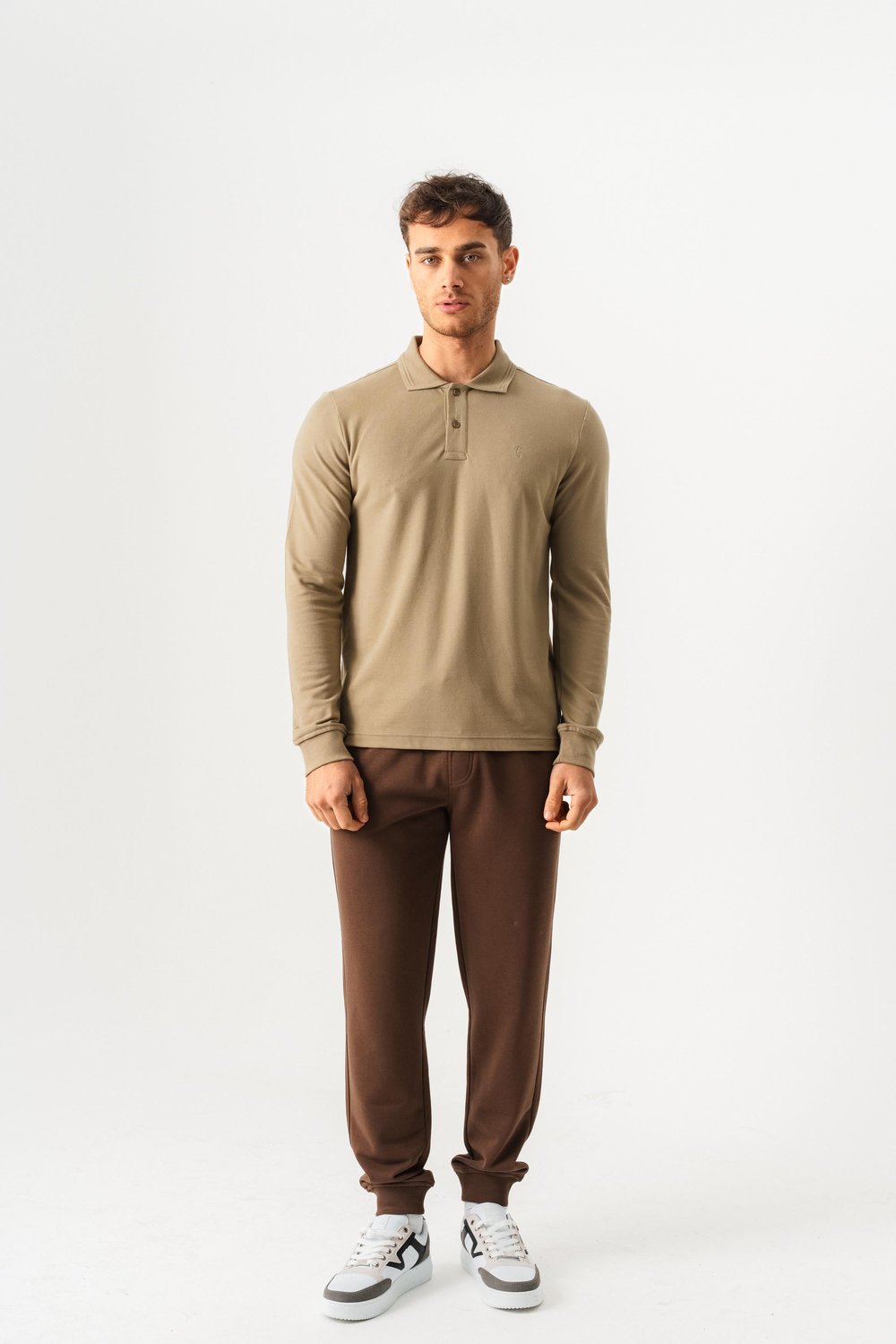 Polo Yaka Slim Fit Uzun Kollu Erkek Haki T-Shirt