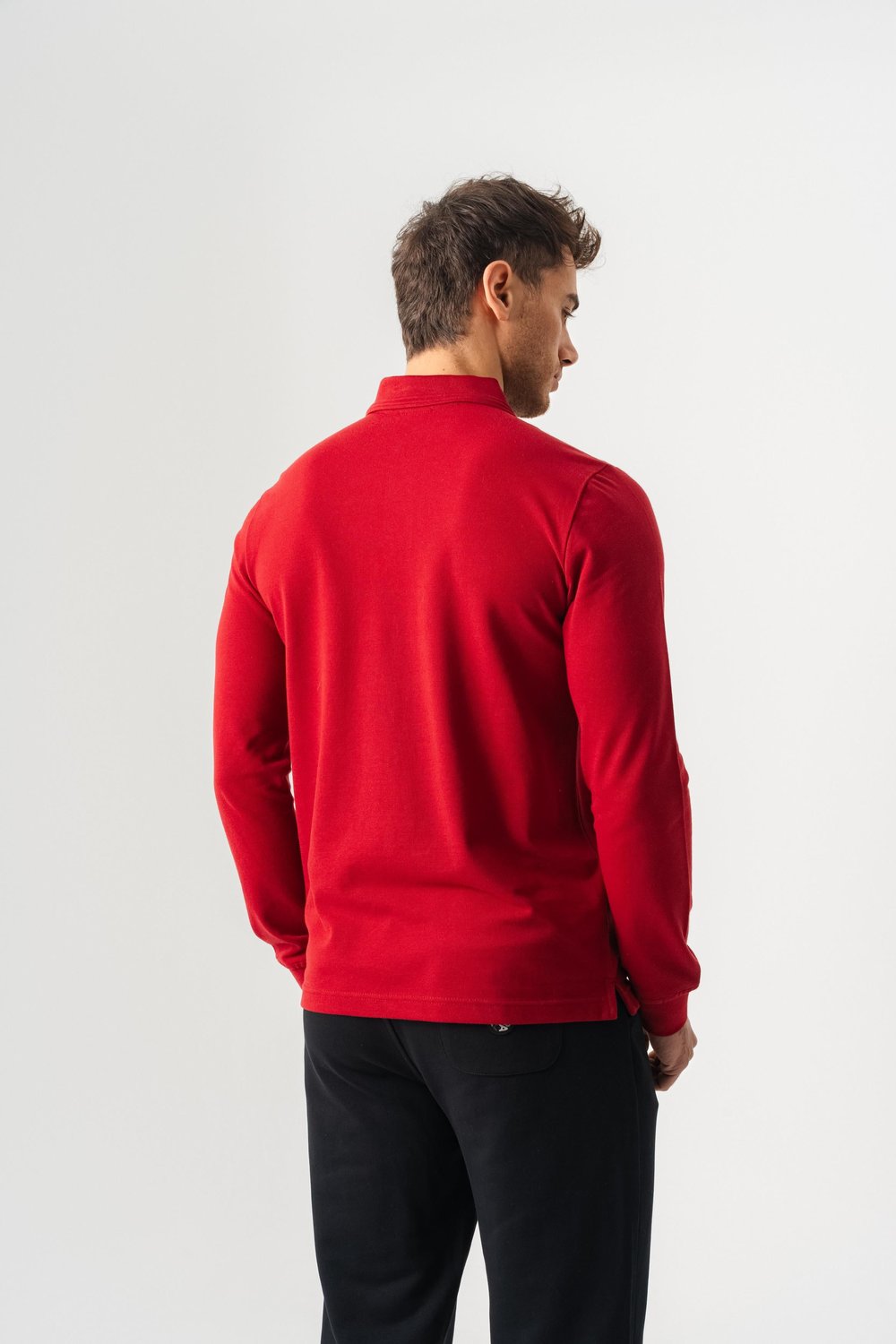 Mens Red Polo Collar Slim Fit Long Sleeve T-Shirt