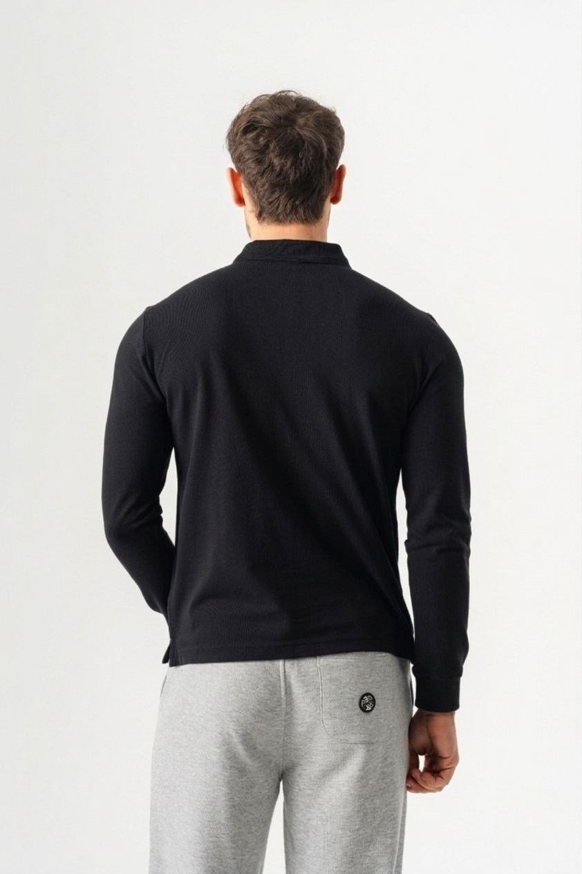 Polo Yaka Slim Fit Uzun Kollu Erkek Siyah T-Shirt