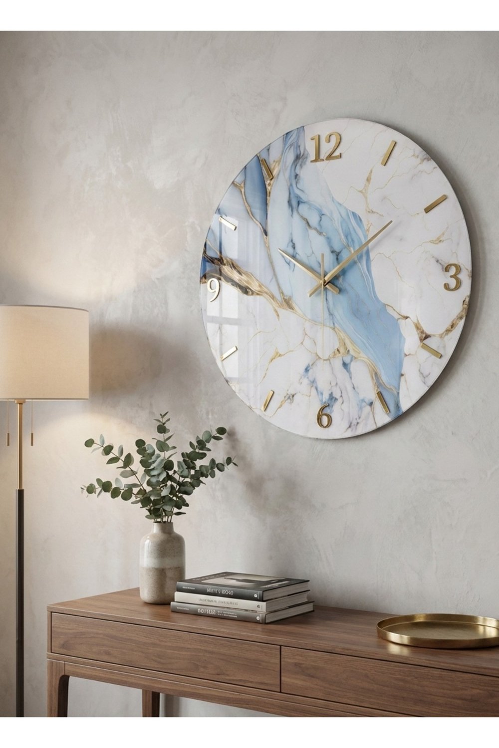 ( AA 1 ) Mermer Desenli Duvar Saati 50x50 cm Sessiz Akordiyon Mekanizma Modern Dekoratif Duvar Saati