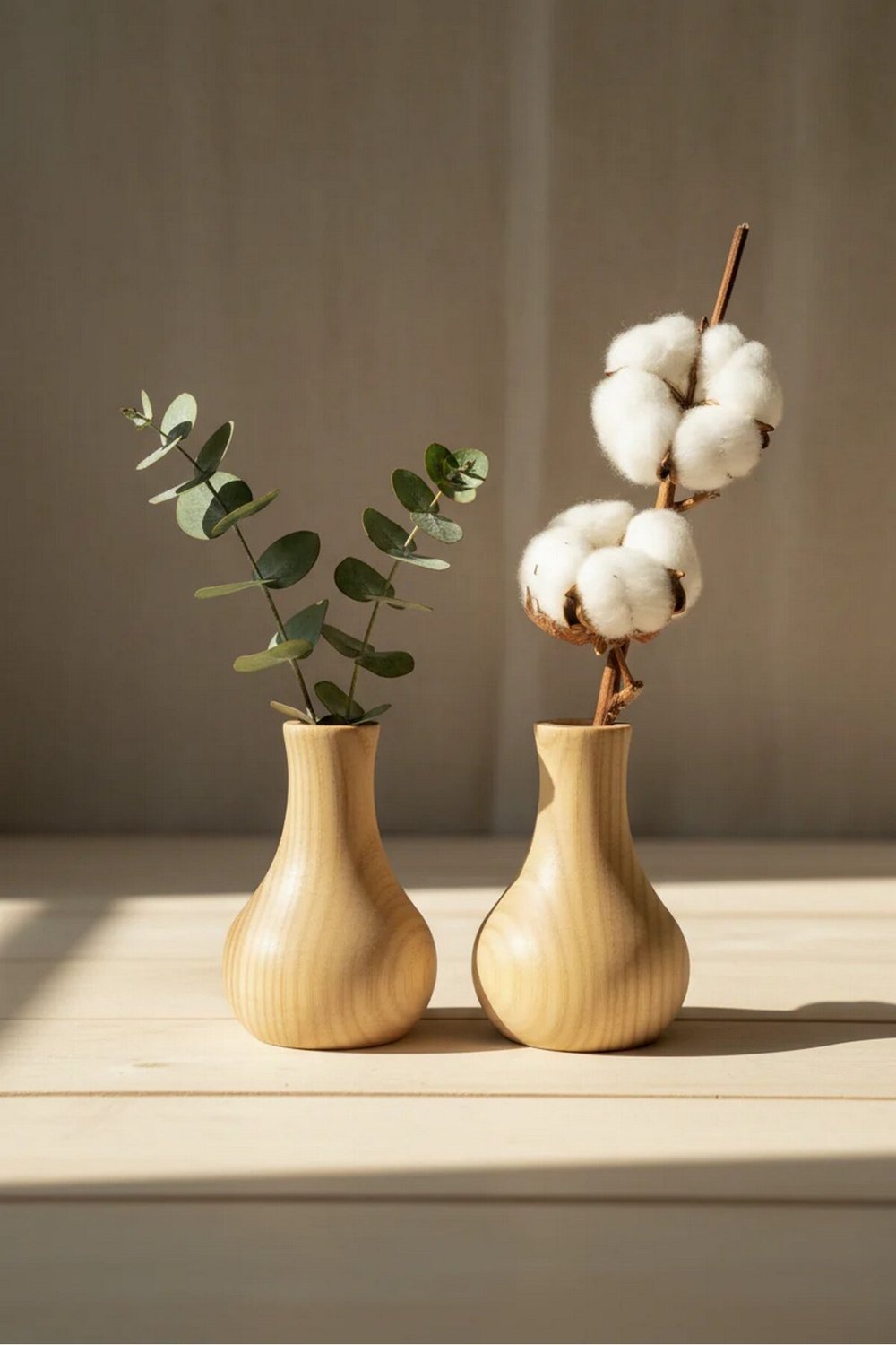 ( MUM 1 ) 2li El Yapımı Doğal Ahşap Vazo Şamdan Mumluk 10 cm Modern Dekoratif İskandinav Masif Mumluk