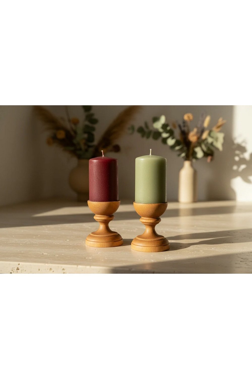 ( MUM 3 ) 2li El Yapımı Doğal Ahşap Vazo Şamdan Mumluk 10 cm Modern Dekoratif İskandinav Masif Mumluk