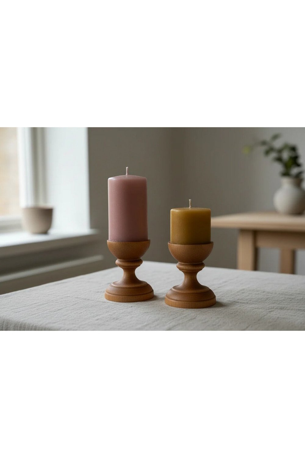 ( MUM 3 ) 2li El Yapımı Doğal Ahşap Vazo Şamdan Mumluk 10 cm Modern Dekoratif İskandinav Masif Mumluk