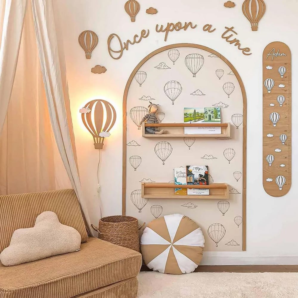 ( PP-14 ) Bebek ve Çocuk Odası Kemer Sticker Ahşap Kemer Dekoru–Balon & Bulut Konsept|3mm Kabartmalı