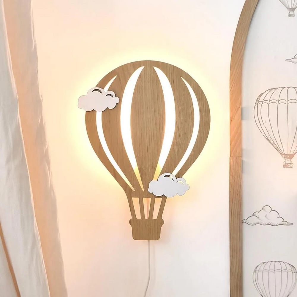 ( PP-24) Uçan Balon Desen Ahşap Işıklı Bebek ve Çocuk Odası Duvar Asılabilir Tablo Adaptör Dahil