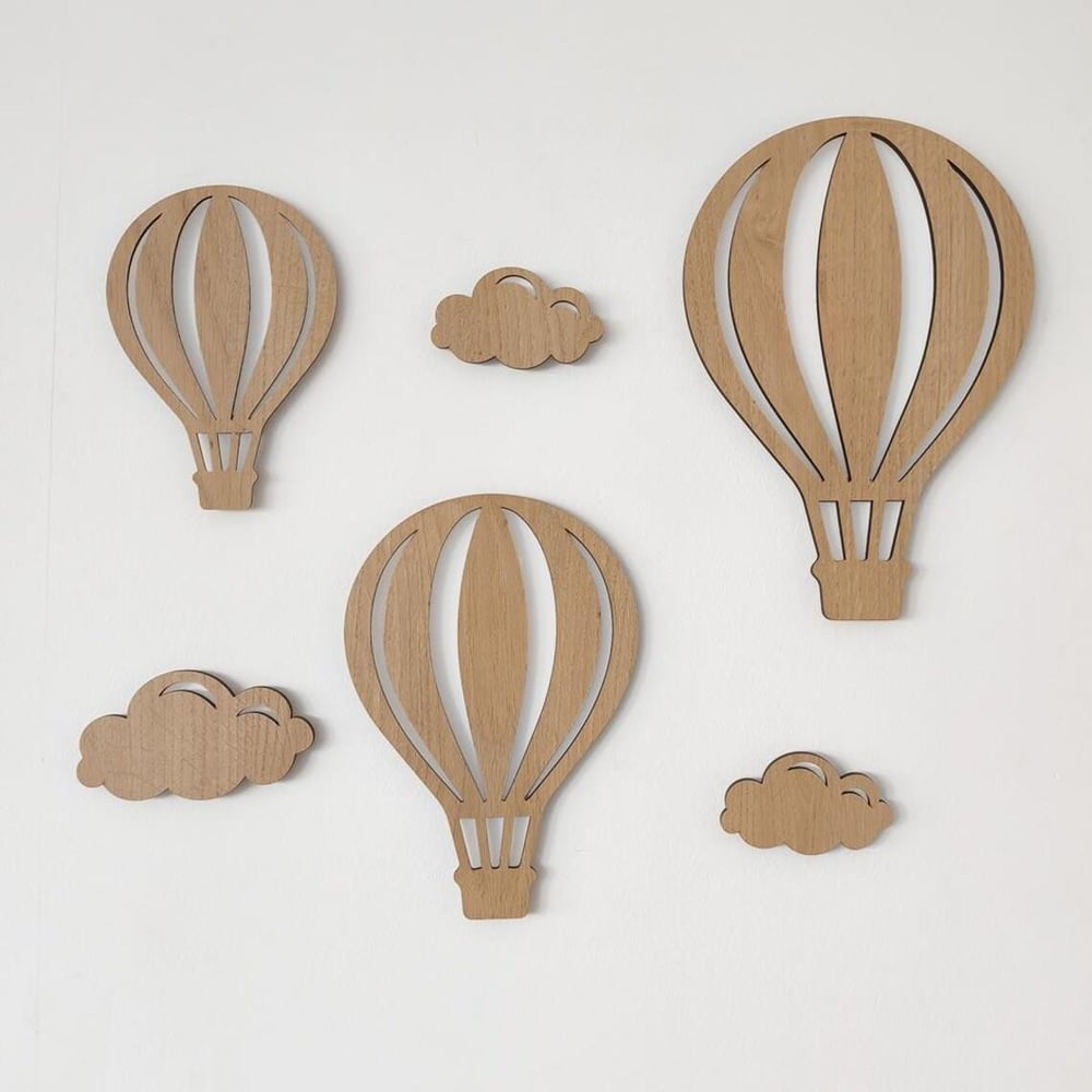 ( PP-25) Uçan Balon Desen Ahşap Bebek ve Çocuk Odası Duvar Tablo Yapışkanlı 3mm Kabartmalı 6 lı Set