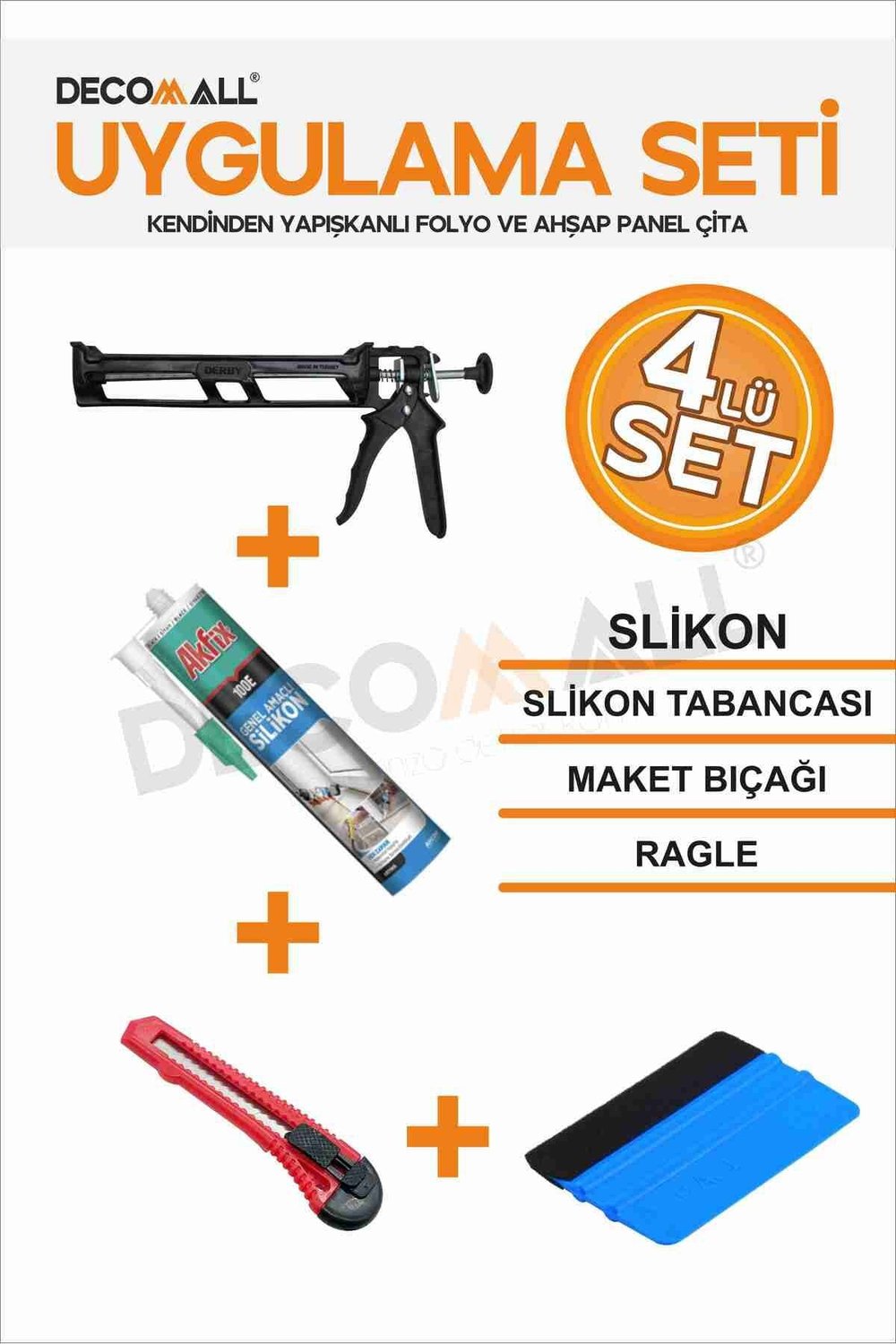 4 lü Set Silikon + Silikon Tabancası + Ragle + Maket Bıçağı Folyo Uygulama Aparatı Seti