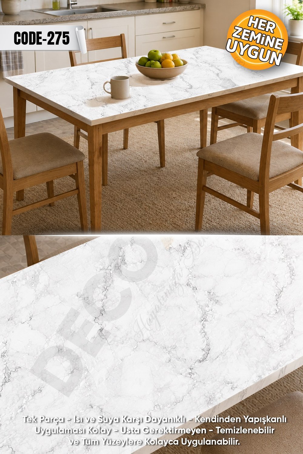 CODE-275 Suya Dayanıklı Masa Tezgah Zemin Mermer Mobilya Fayans Kendinden Yapışkanlı Folyo Kaplama