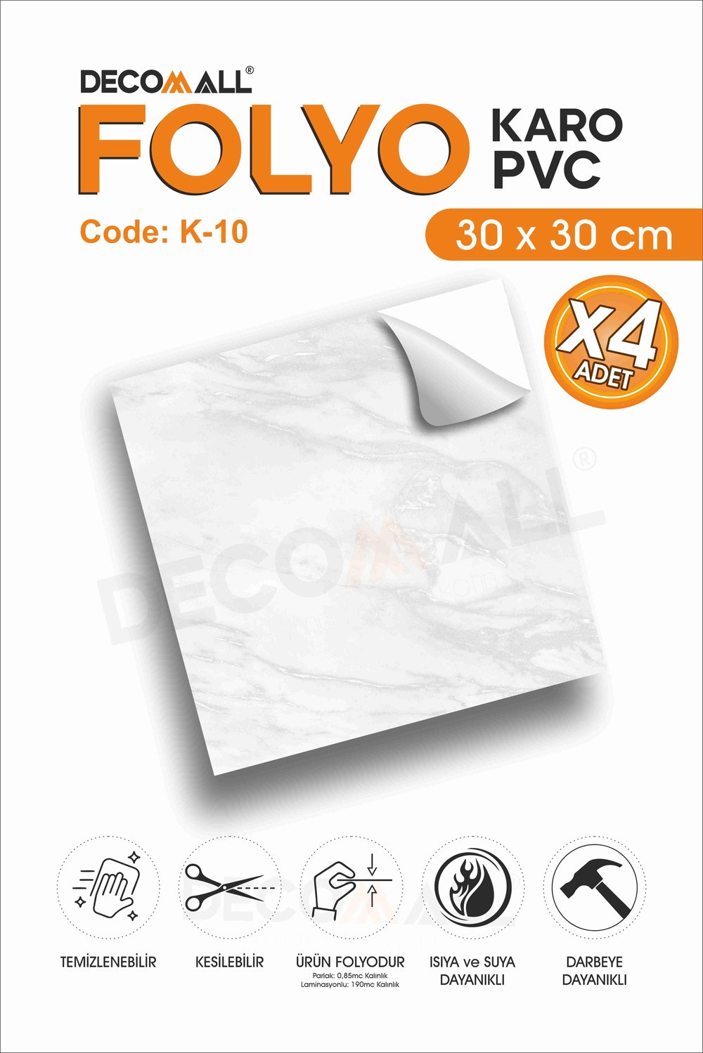CodeK-10 Kendinden Yapışkanlı FOLYO KARO Suya Dayanıklı Mutfak Banyo Zemin Kaplama 30x30 Cm(4 ADET)