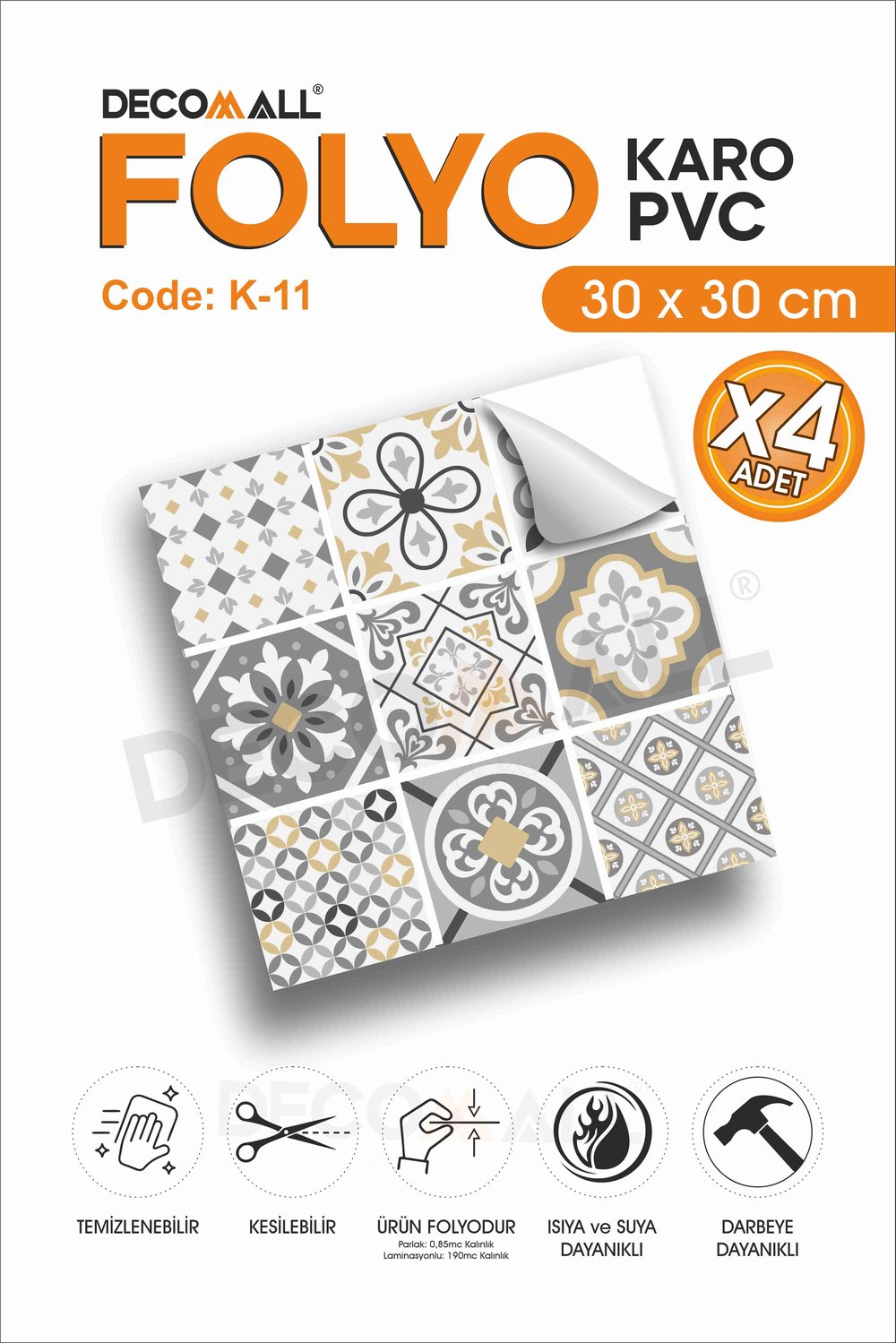 CodeK-11 Kendinden Yapışkanlı FOLYO KARO Suya Dayanıklı Mutfak Banyo Zemin Kaplama 30x30 Cm(4 ADET)