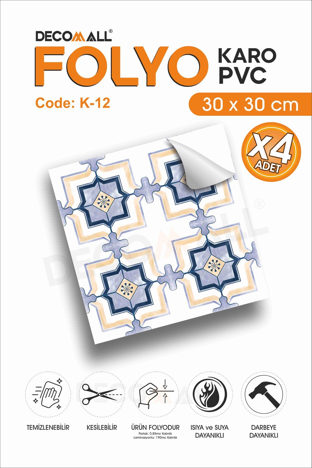 CodeK-12 Kendinden Yapışkanlı FOLYO KARO Suya Dayanıklı Mutfak Banyo Zemin Kaplama 30x30 Cm(4 ADET)