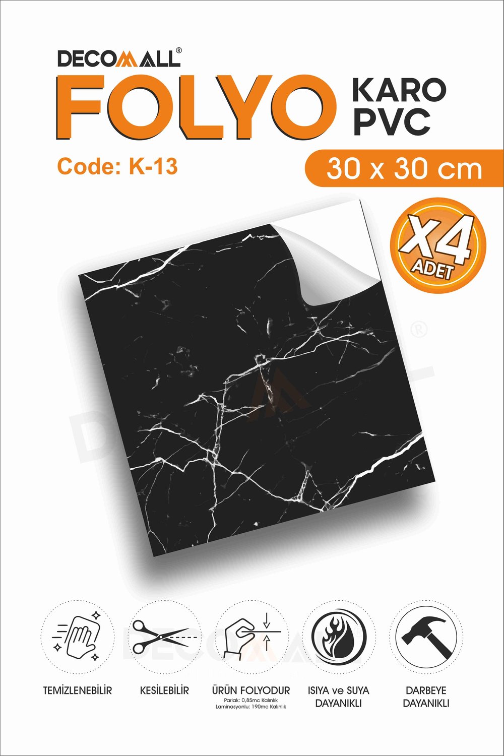 CodeK-13 Kendinden Yapışkanlı FOLYO KARO Suya Dayanıklı Mutfak Banyo Zemin Kaplama 30x30 Cm(4 ADET)