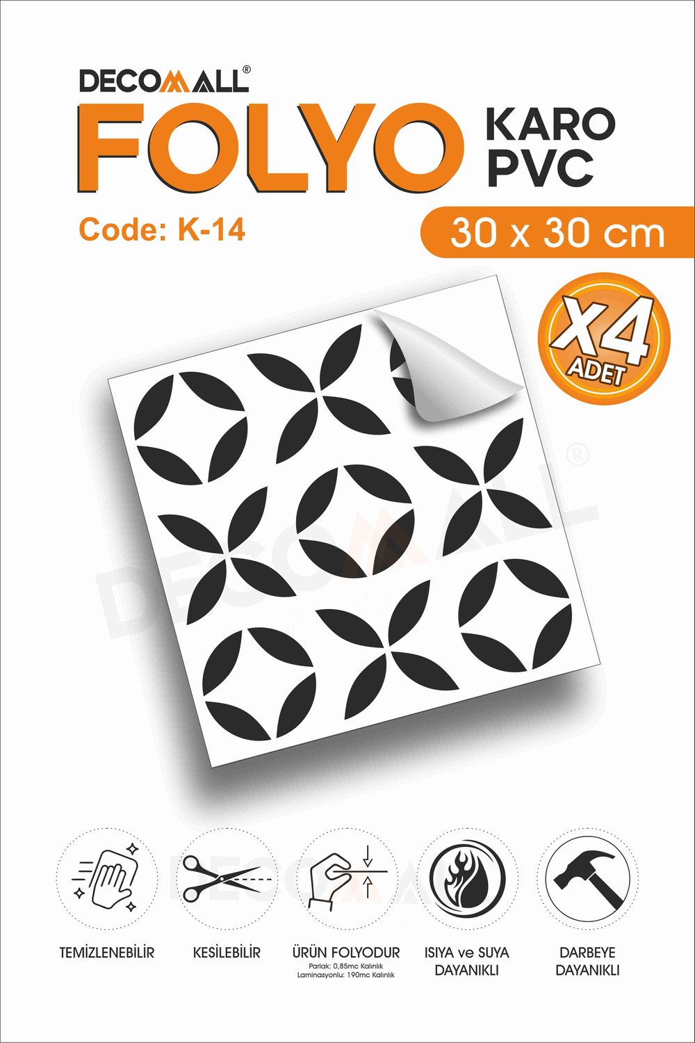 CodeK-14 Kendinden Yapışkanlı FOLYO KARO Suya Dayanıklı Mutfak Banyo Zemin Kaplama 30x30 Cm(4 ADET)