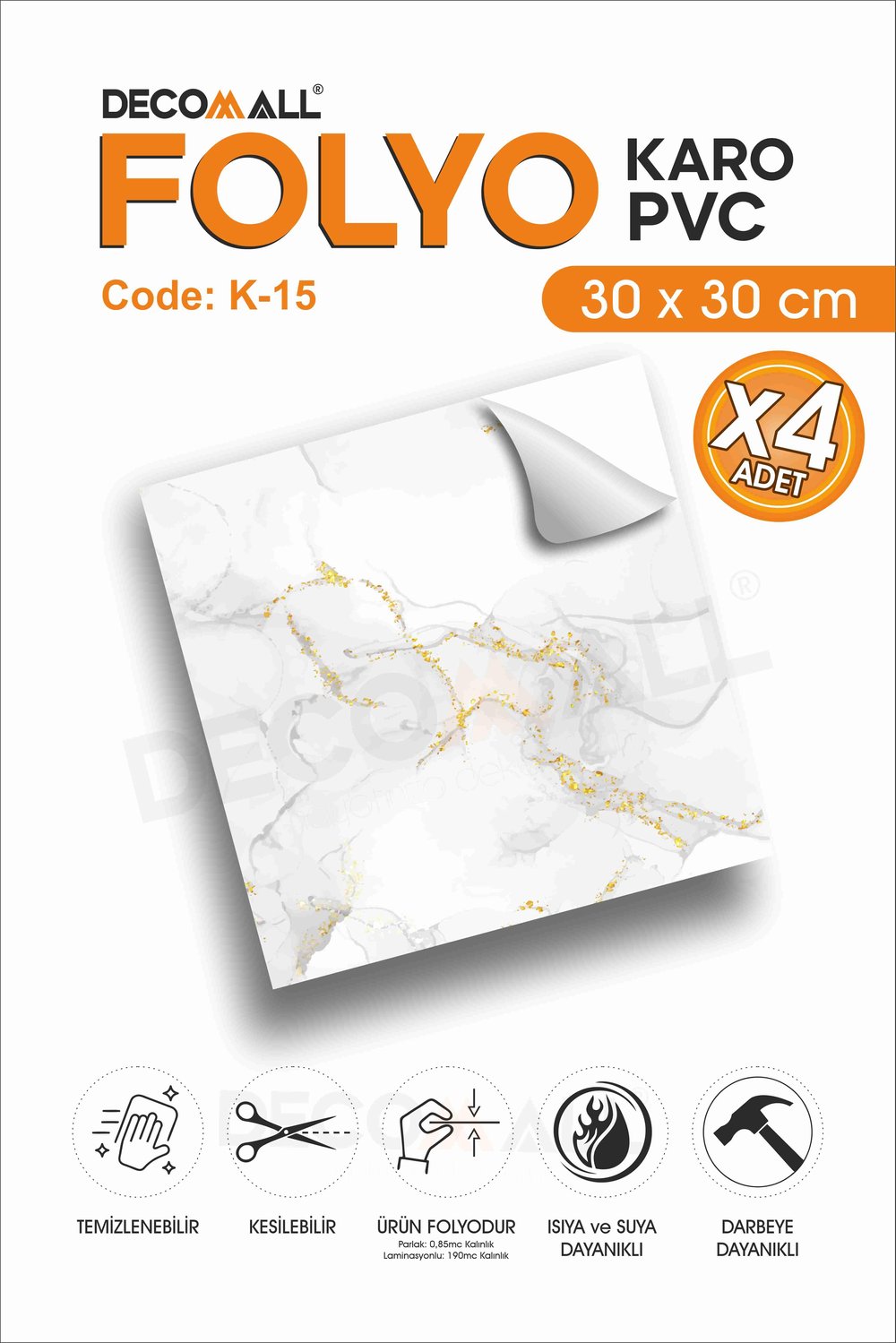 CodeK-15 Kendinden Yapışkanlı FOLYO KARO Suya Dayanıklı Mutfak Banyo Zemin Kaplama 30x30 Cm(4 ADET)
