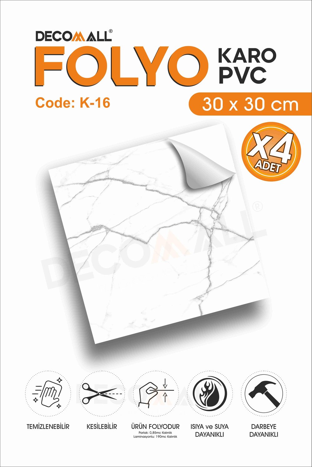 CodeK-16 Kendinden Yapışkanlı FOLYO KARO Suya Dayanıklı Mutfak Banyo Zemin Kaplama 30x30 Cm(4 ADET)