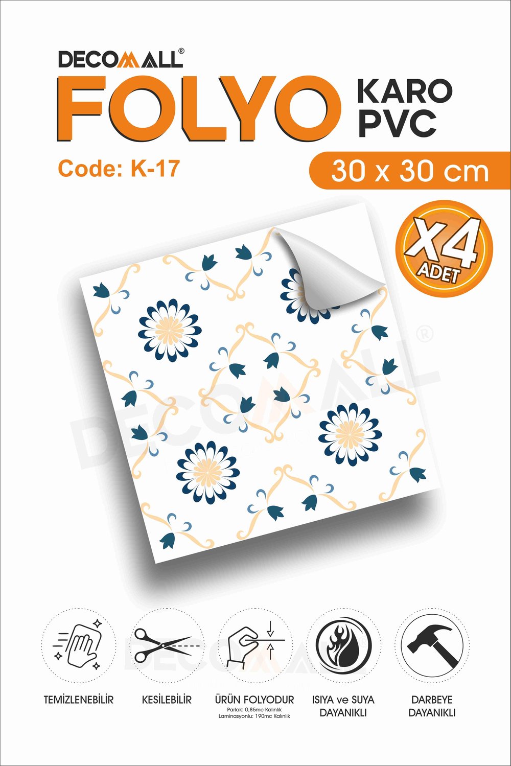 CodeK-17 Kendinden Yapışkanlı FOLYO KARO Suya Dayanıklı Mutfak Banyo Zemin Kaplama 30x30 Cm(4 ADET)