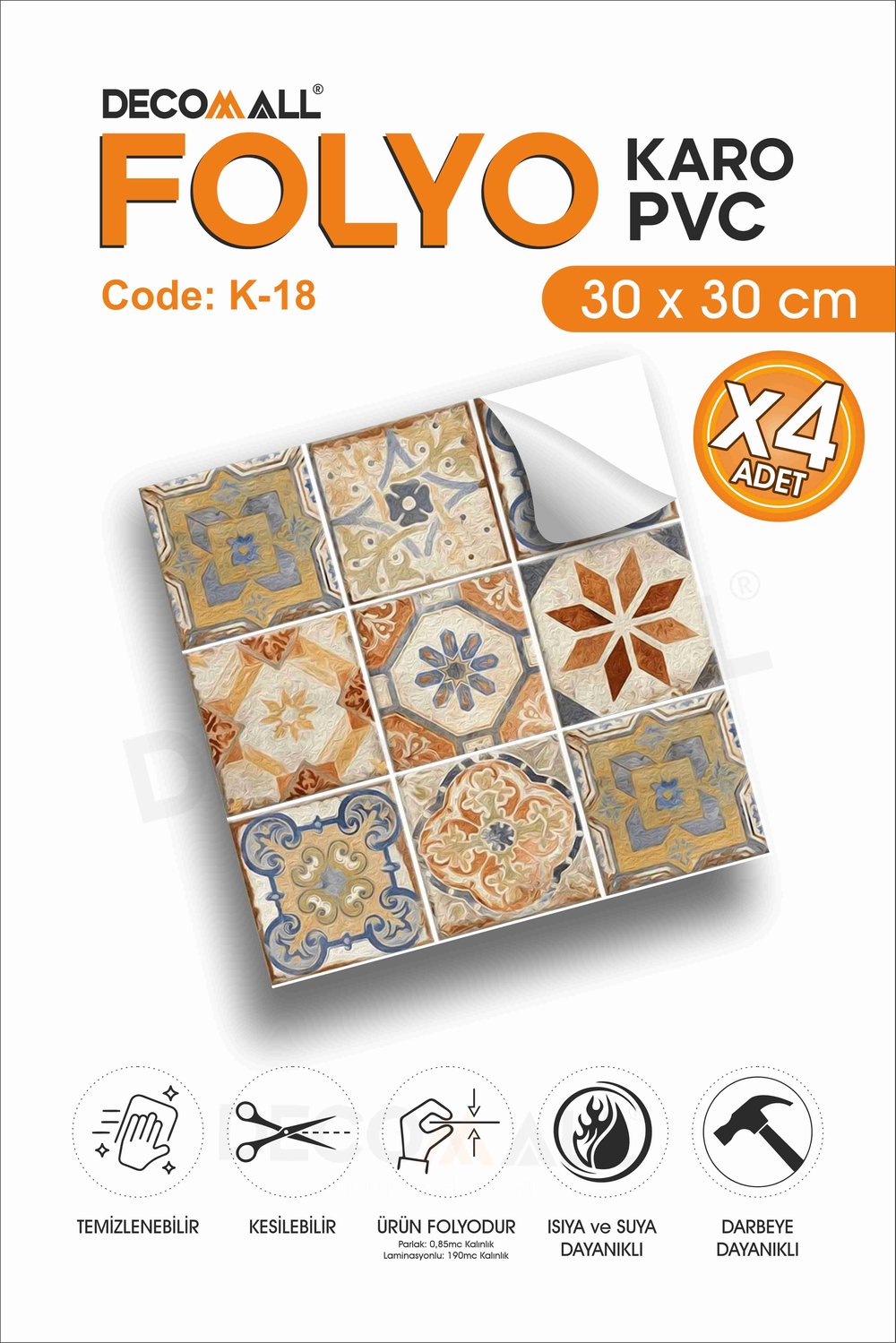 CodeK-18 Kendinden Yapışkanlı FOLYO KARO Suya Dayanıklı Mutfak Banyo Zemin Kaplama 30x30 Cm(4 ADET)