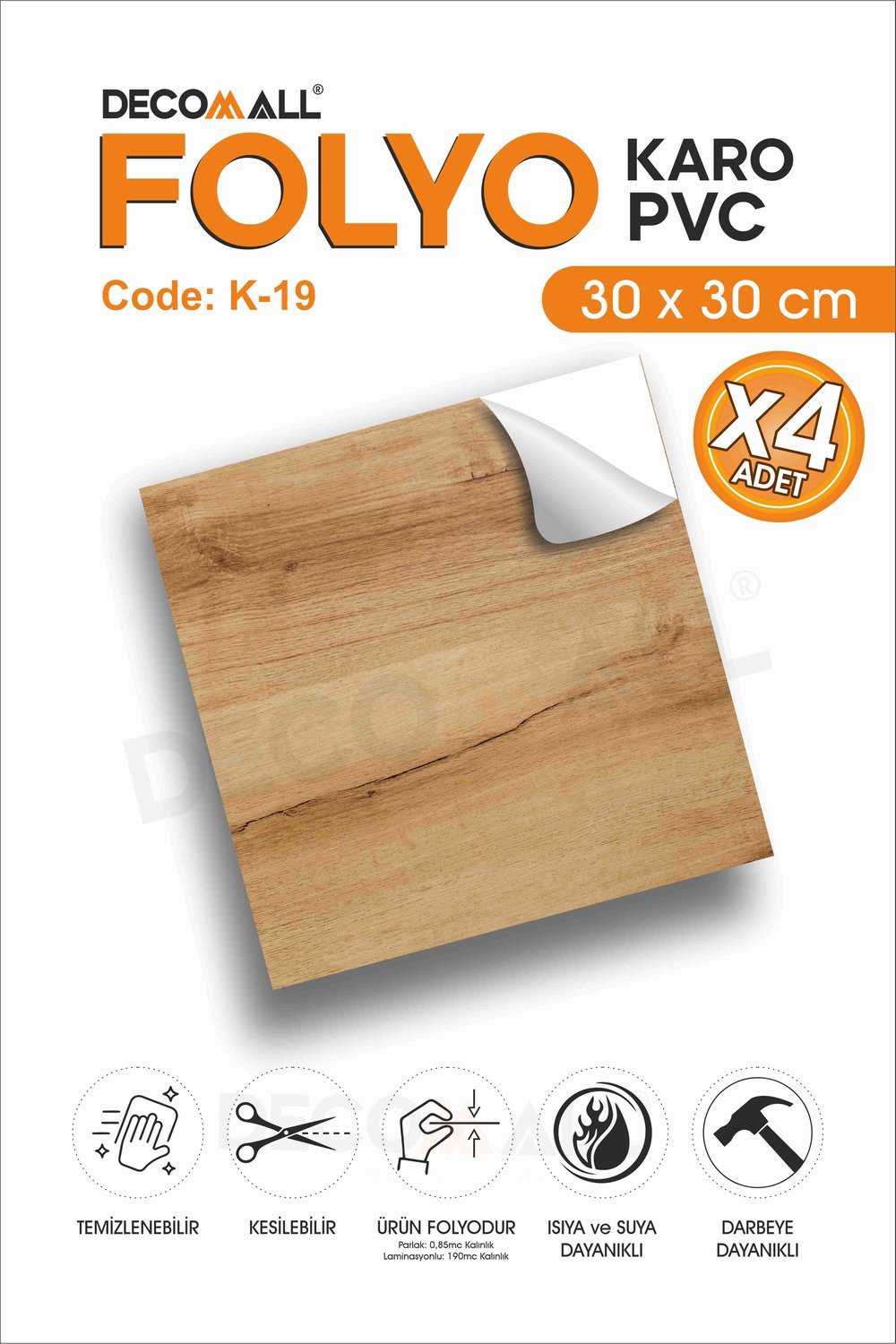 CodeK-19 Kendinden Yapışkanlı FOLYO KARO Suya Dayanıklı Mutfak Banyo Zemin Kaplama 30x30 Cm(4 ADET)