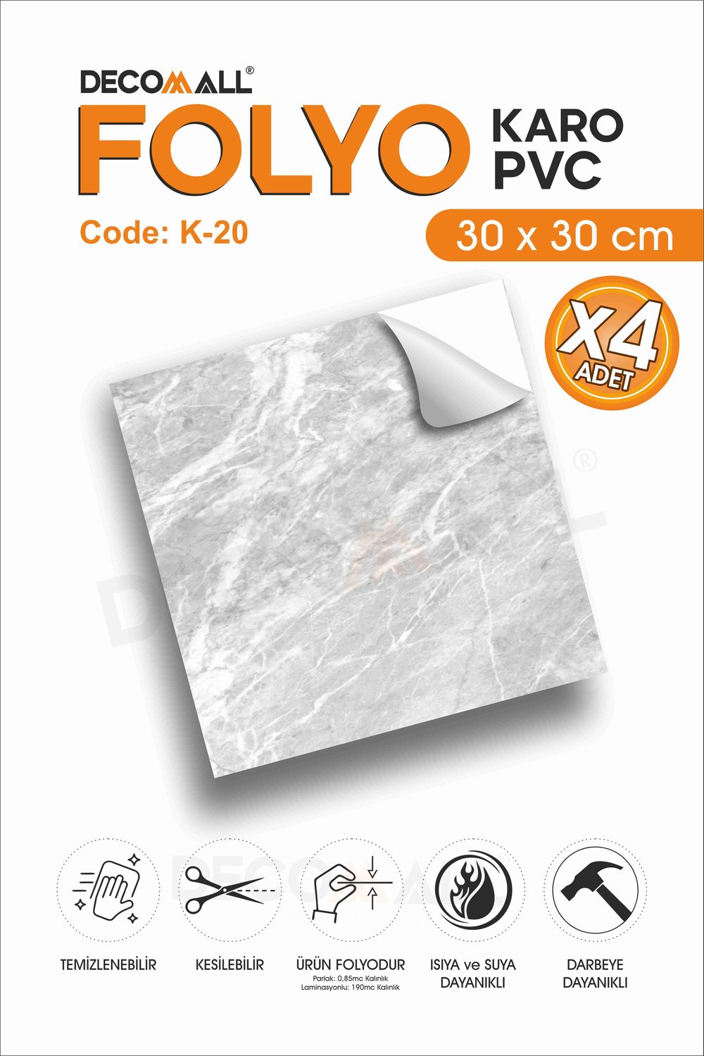 CodeK-20 Kendinden Yapışkanlı FOLYO KARO Suya Dayanıklı Mutfak Banyo Zemin Kaplama 30x30 Cm(4 ADET)