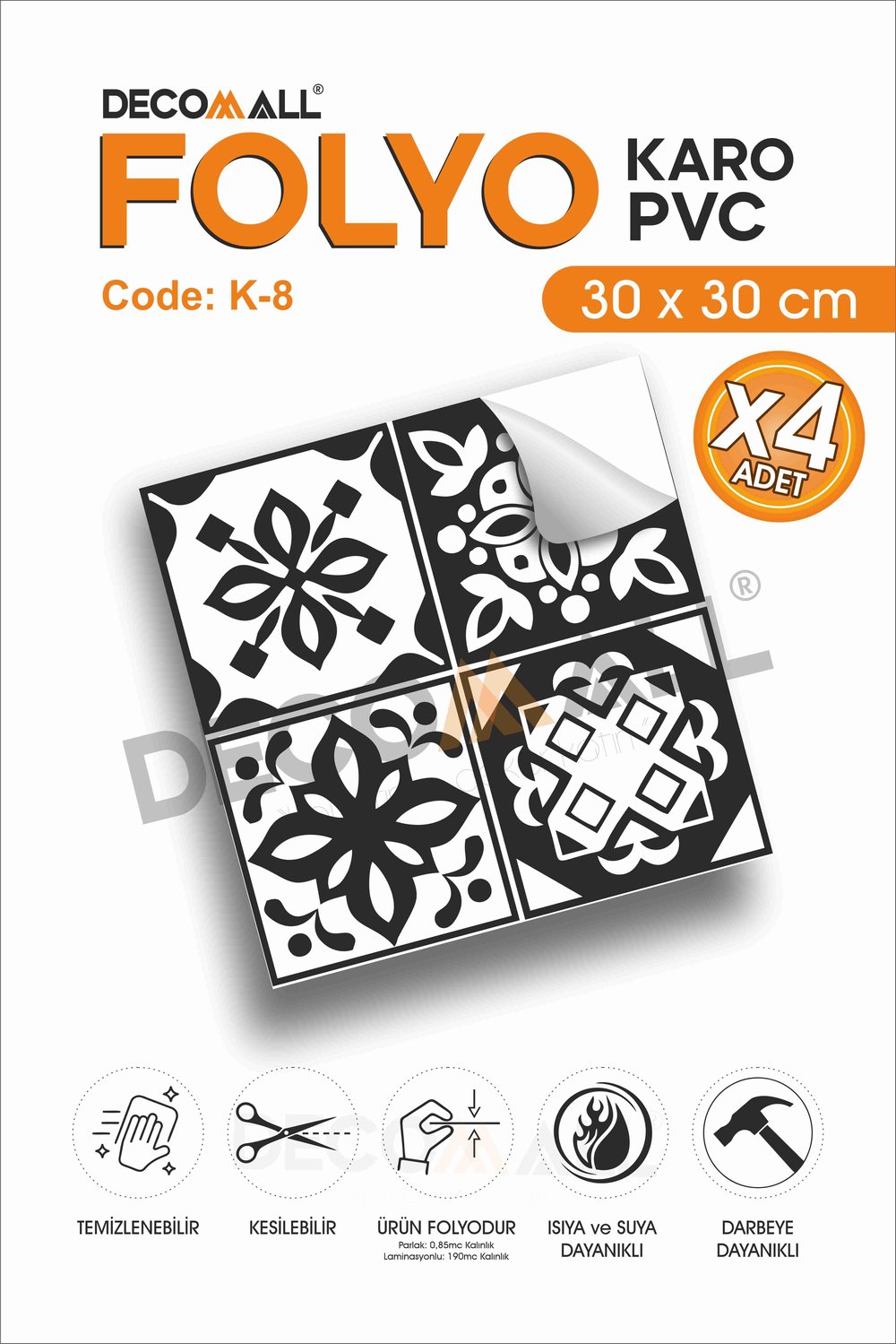 CodeK-8 Kendinden Yapışkanlı FOLYO KARO Suya Dayanıklı Mutfak Banyo Zemin Kaplama 30x30 Cm(4 ADET)