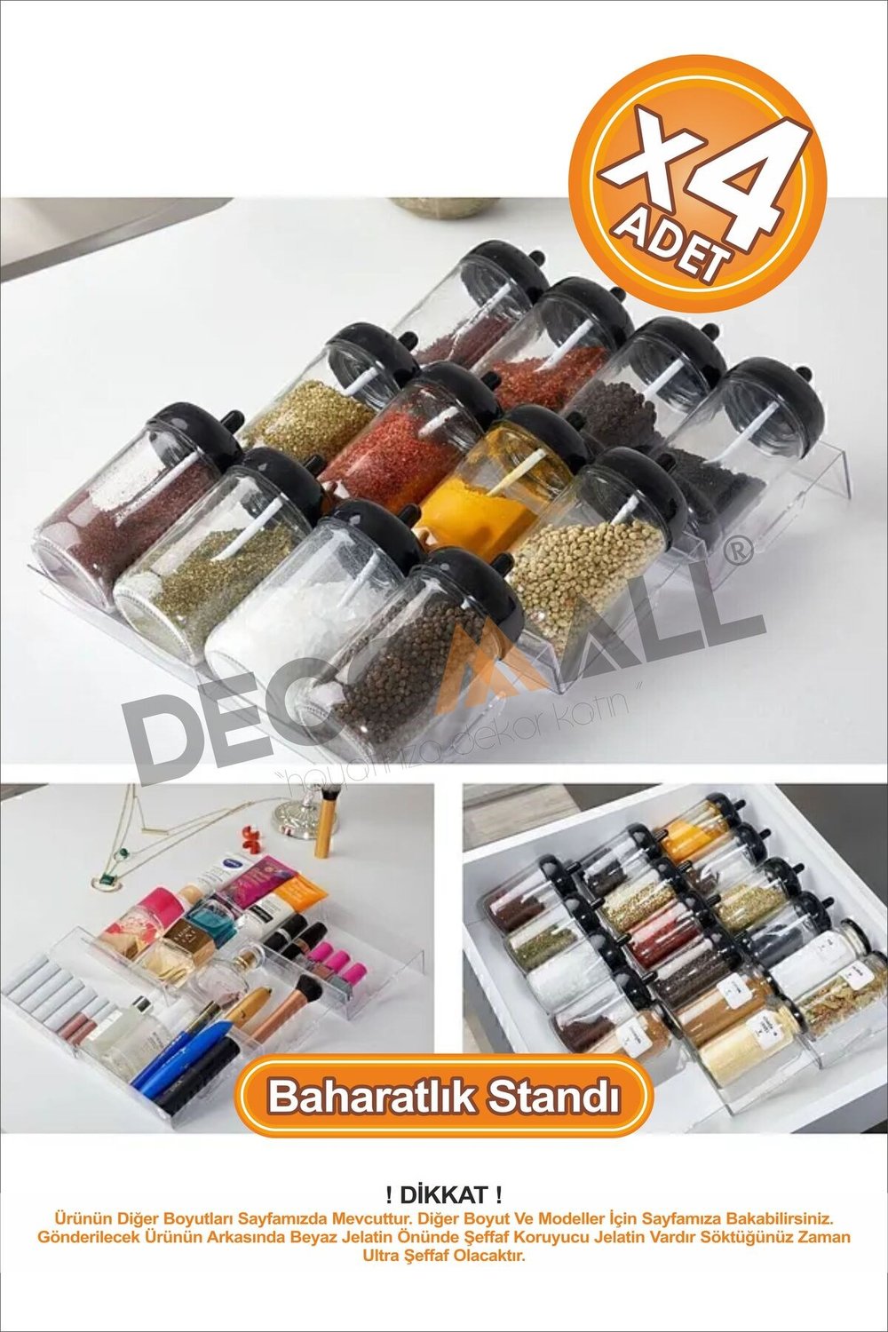 DD x4 Adet Pleksi Şeffaf Stand Baharatlık Standı Çekmece Içi Düzenleyici LÜX SET