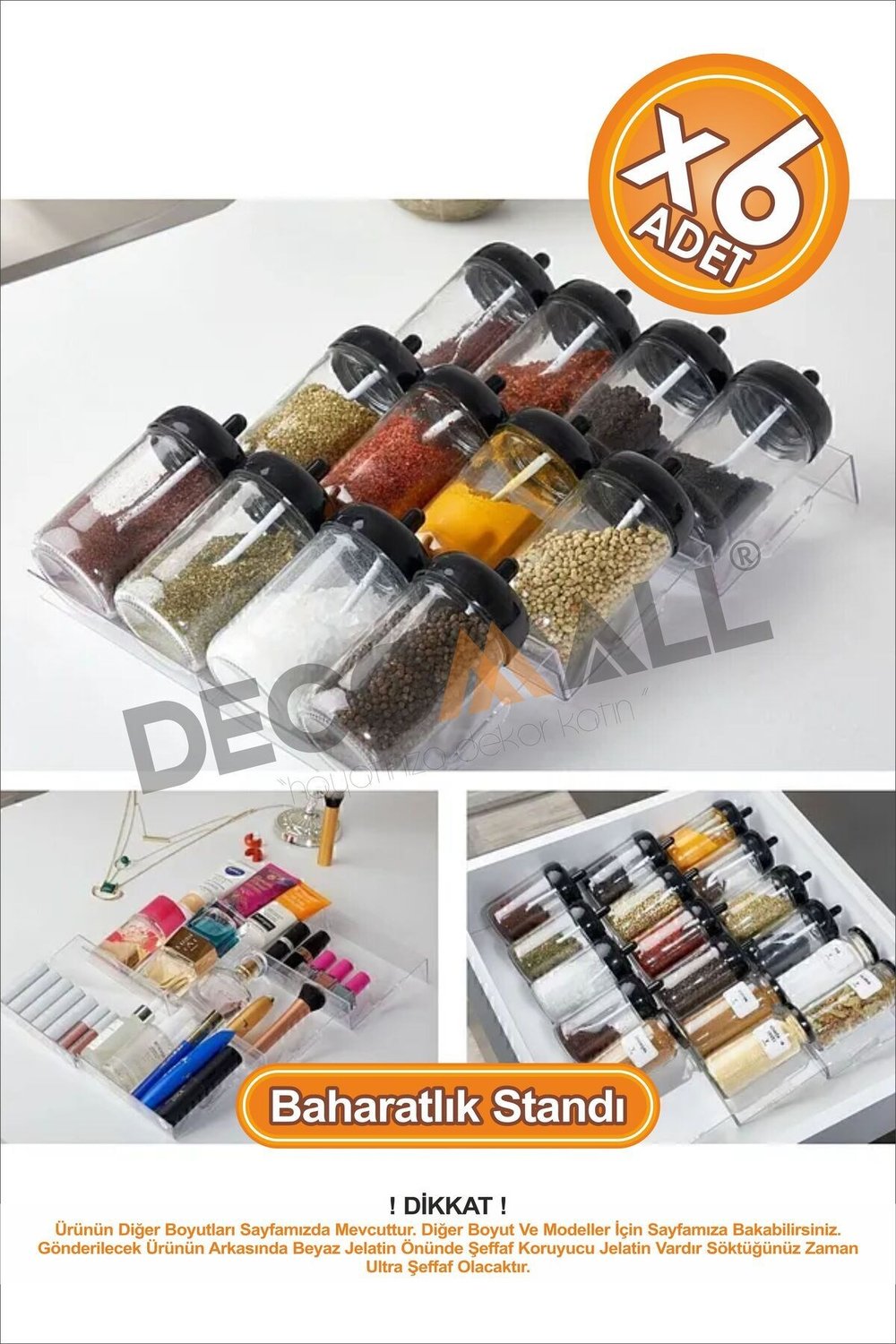 DD x6 Adet Pleksi Şeffaf Stand Baharatlık Standı Çekmece Içi Düzenleyici LÜX SET