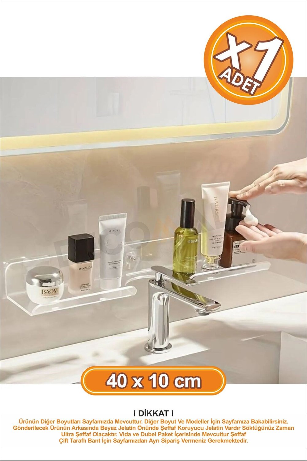 Delikli Banyo Raf Şeffaf x1 Adet 40x10cm Banyo Düzenleyici Banyo Raf Sabunluk Raf Düzenleyici